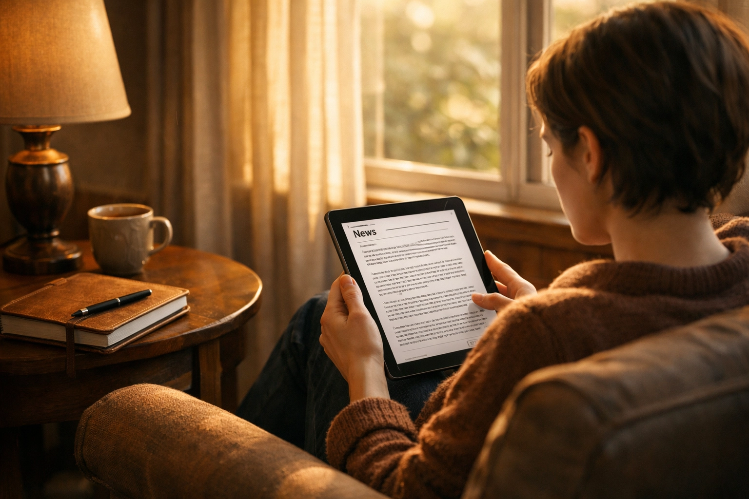 Person peacefully reading written news article with journal showing mindful news consumption
