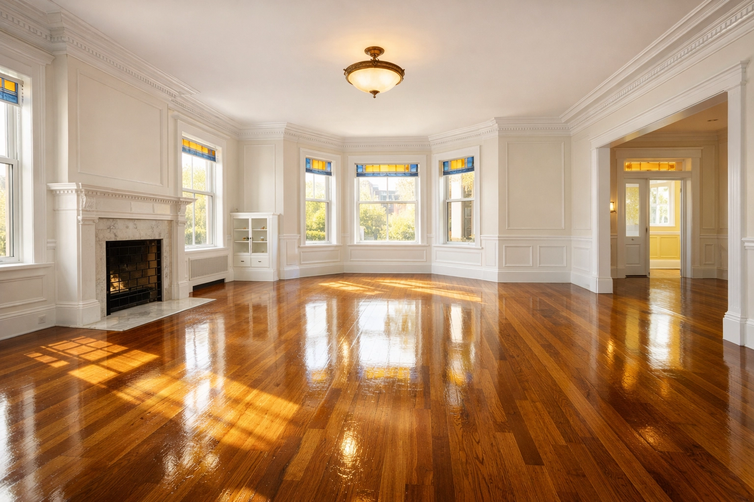 Spotless luxury living room in a Brookline apartment after professional move-out cleaning.