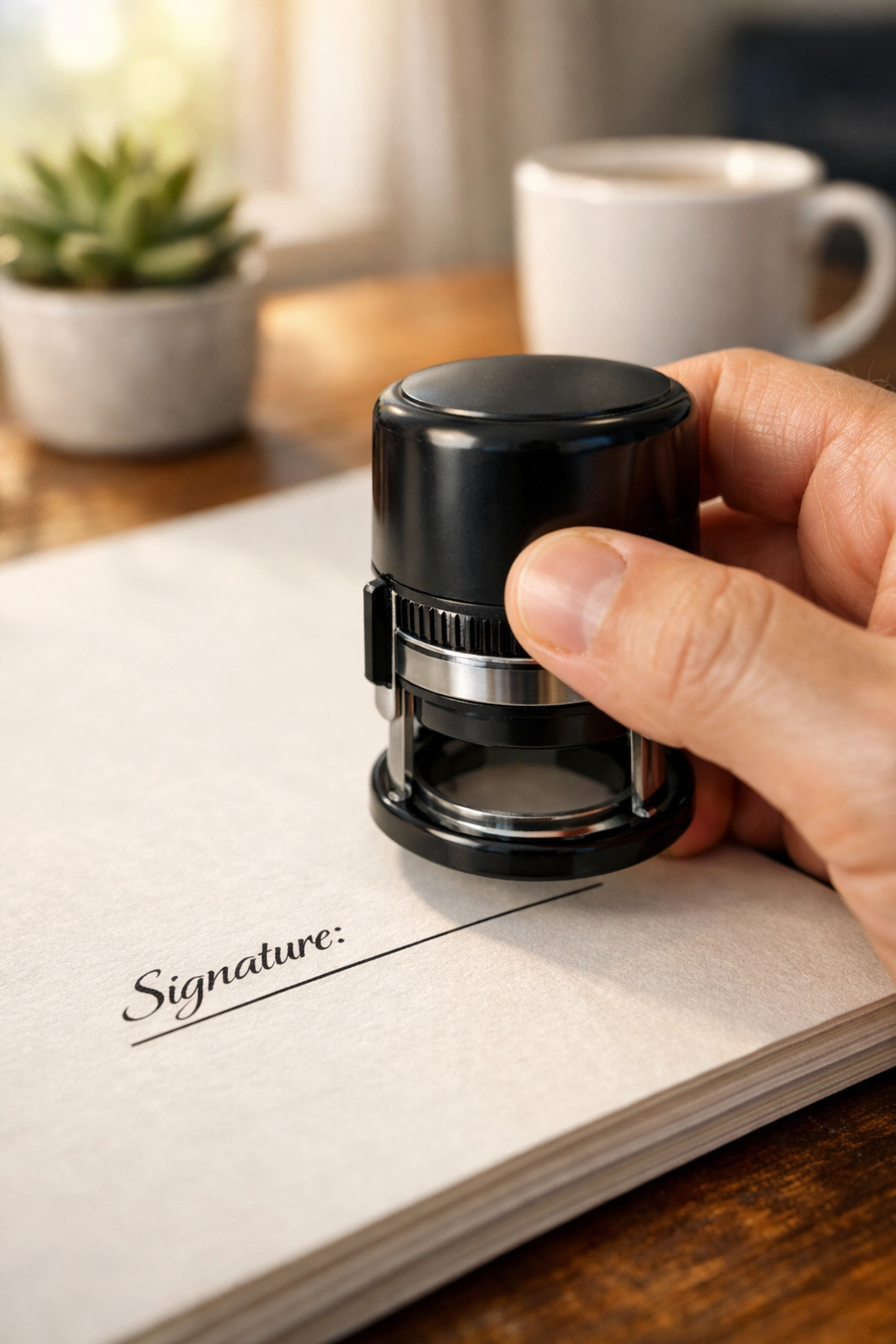 A mobile notary applying an official stamp to a legal document to ensure accuracy and peace of mind.