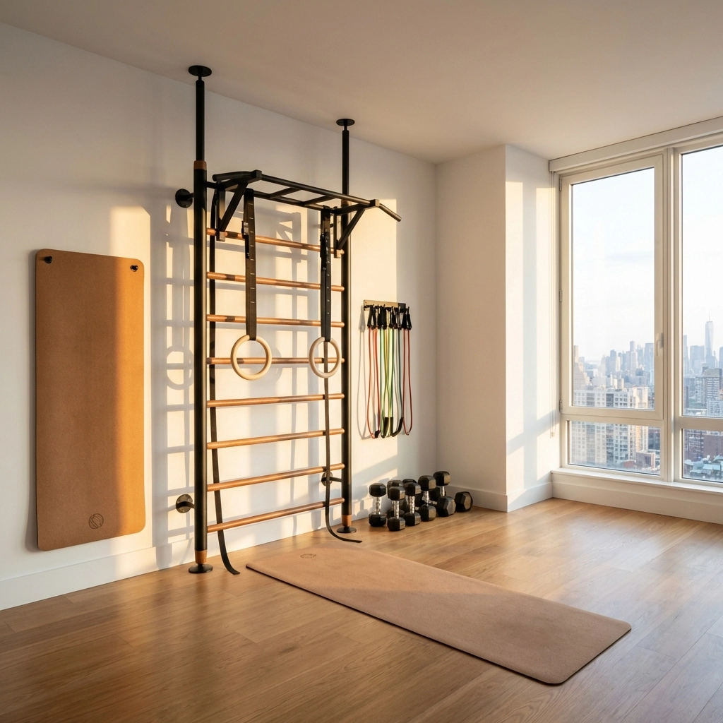 Minimalist home gym with a floor-to-ceiling fitness system, gymnastic rings, and resistance bands for versatile calisthenics training.
