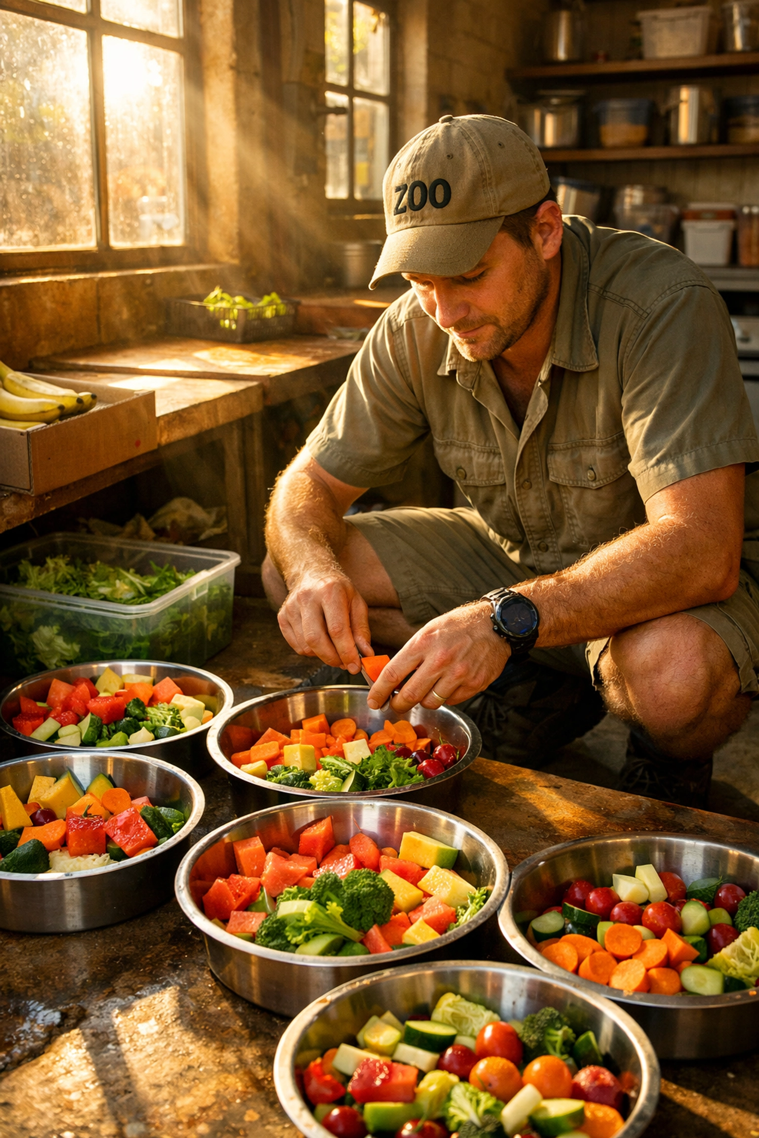 Zookeeper preparing fresh animal food for morning feeding - behind-the-scenes zoo marketing content