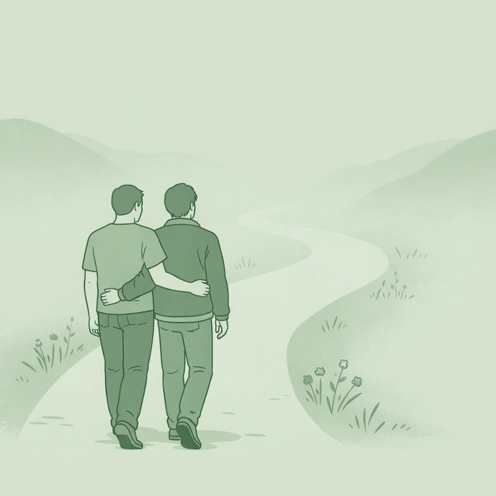 Two men walk together on misty path - MM romance journey of healing and second chances