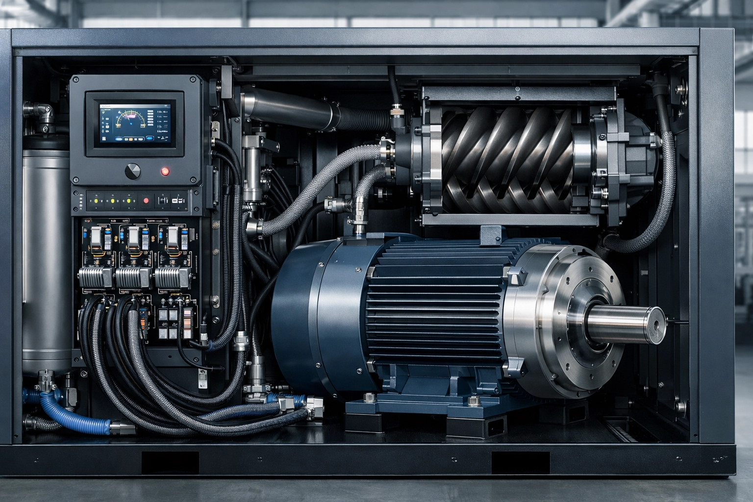 PMV screw air compressor controller and cabinet details in a clean industrial setting.