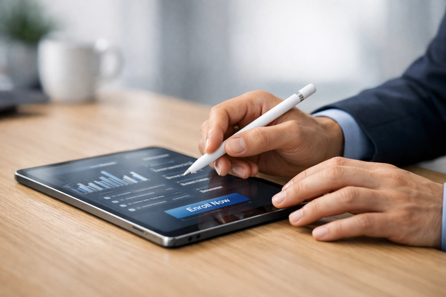 Professional tax preparer using a tablet for digital bank product enrollment and fee management.