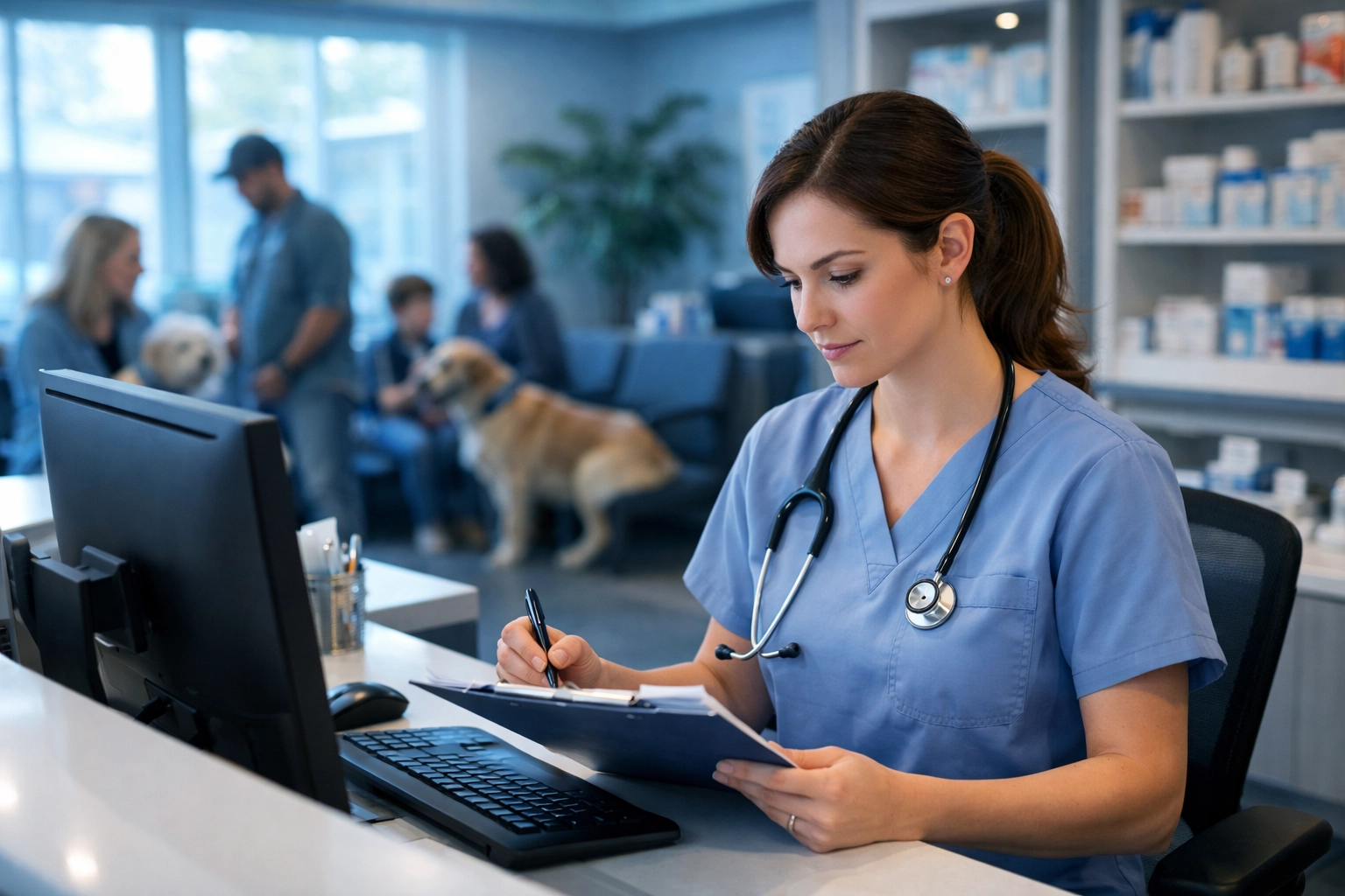 Busy veterinary clinic reception with staff managing high-volume patient transactions and bookkeeping