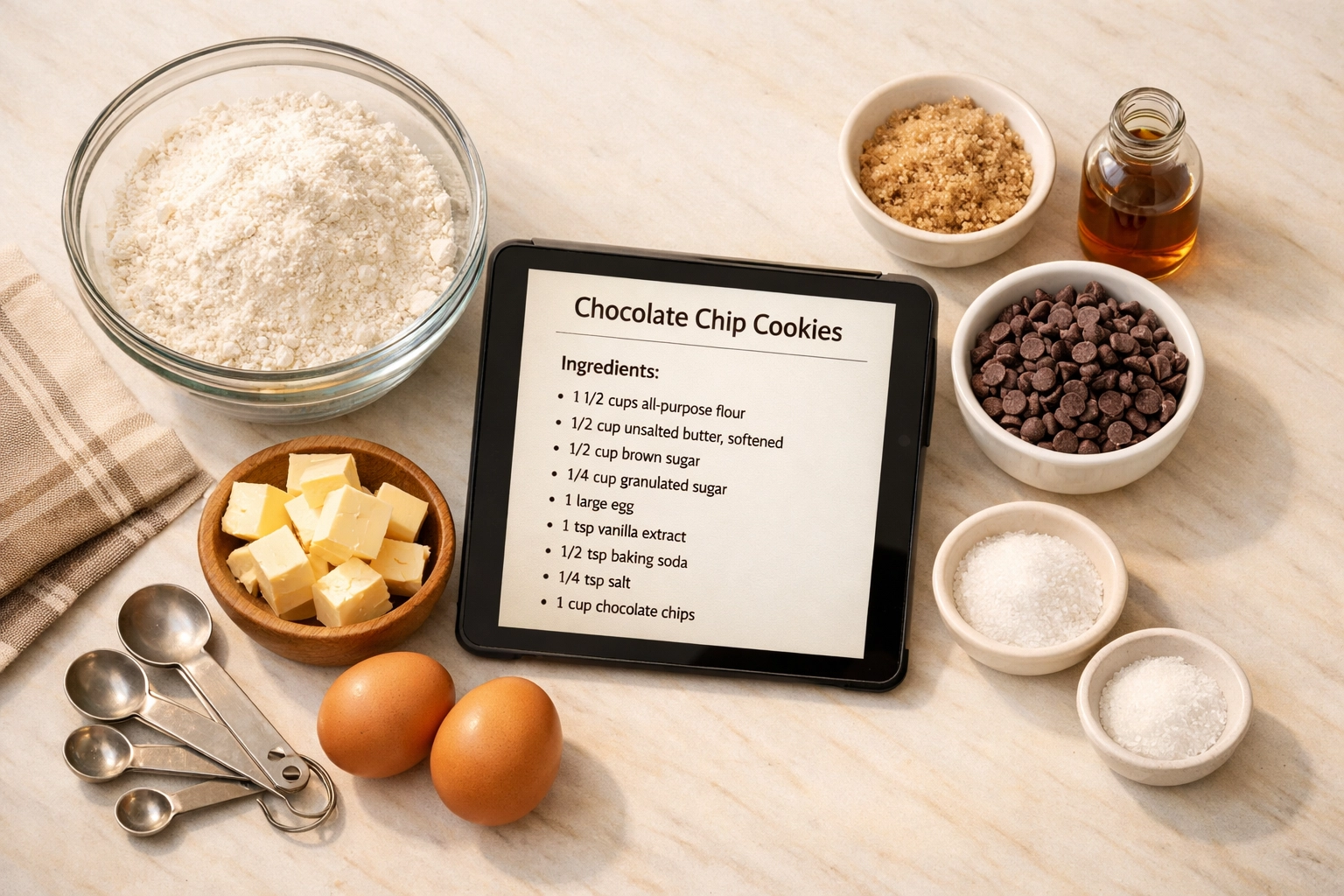 Recept met ingrediënten klaargelegd op aanrecht voor begrijpend lezen oefening