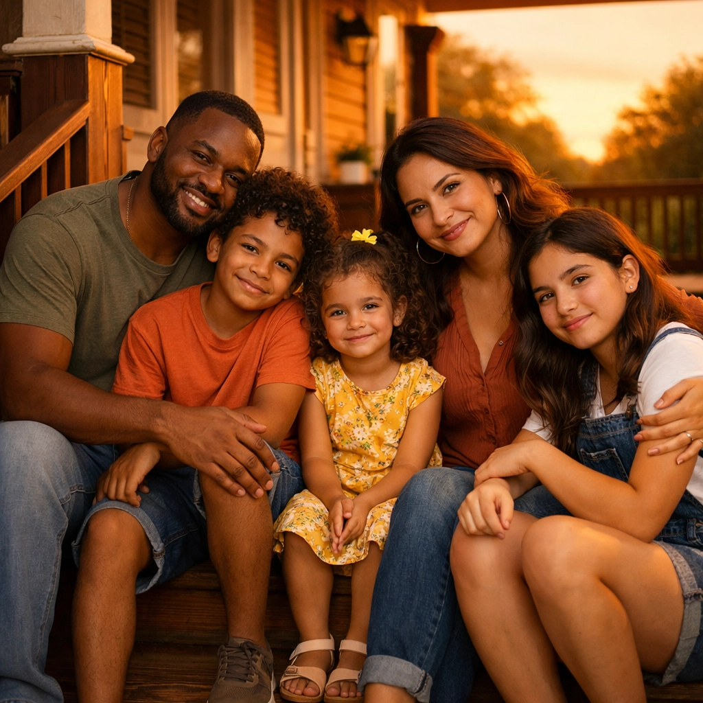 Diverse BIPOC blended family bonding together on front porch at sunset