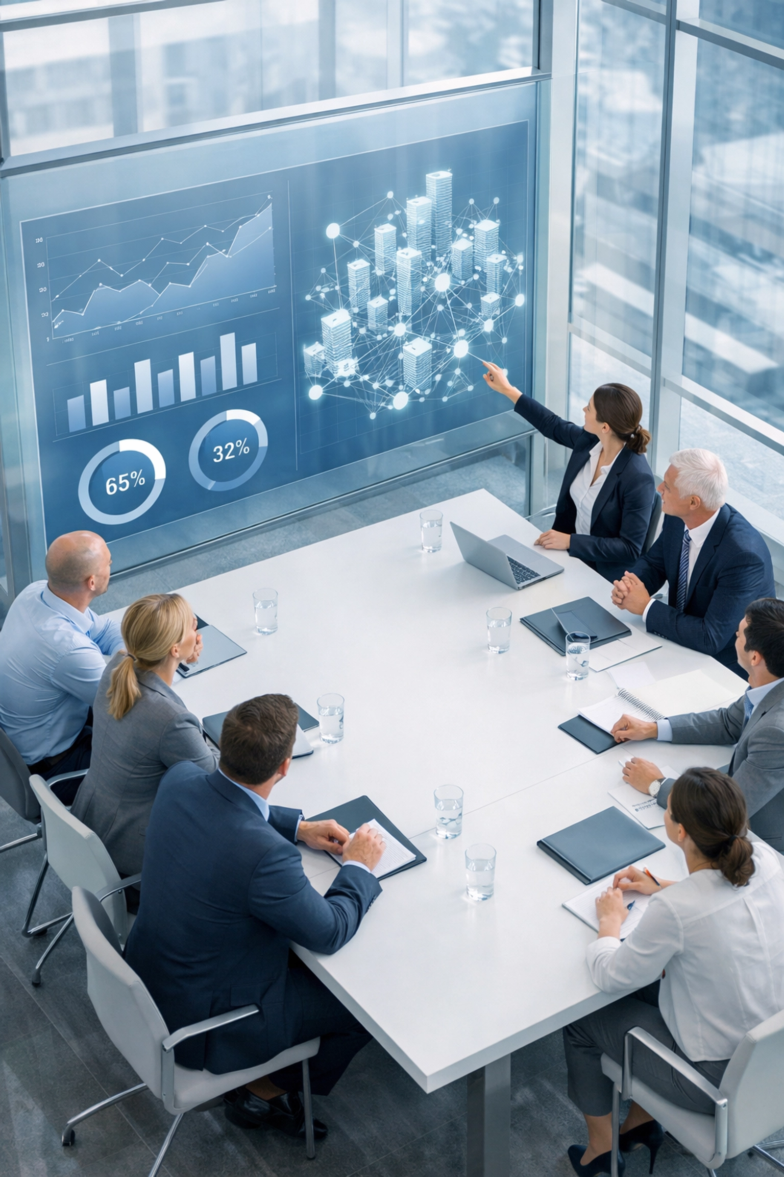 Business professionals collaborating in a modern conference room to eliminate team silos.