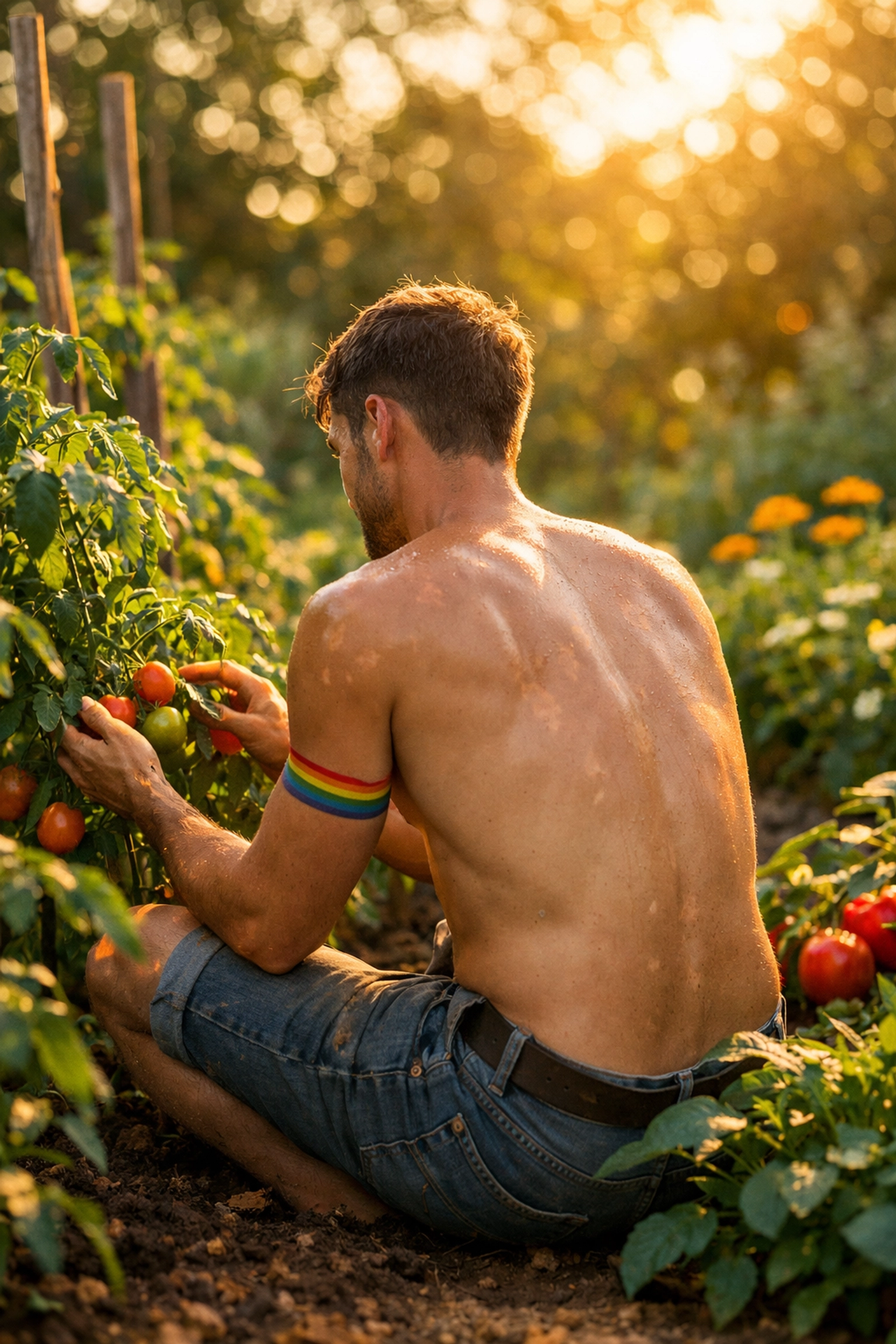 Man experiencing mindful naked gardening in lush vegetable garden at golden hour