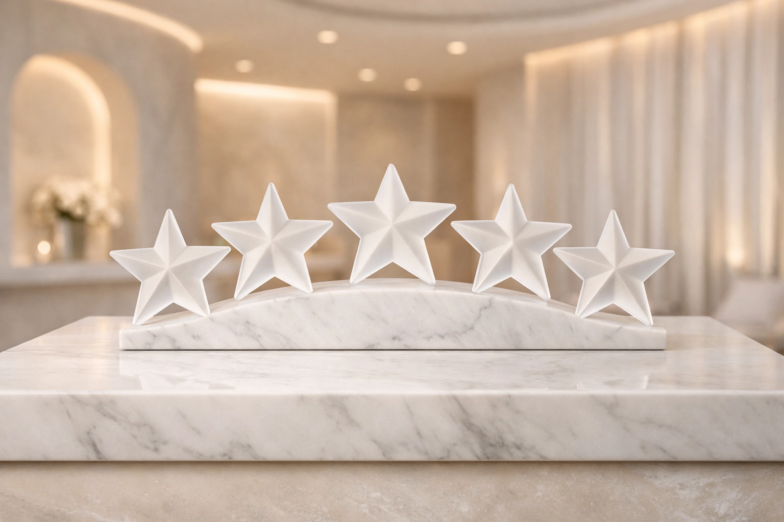 Sleek five-star review symbols in a wellness center highlighting chiropractic clinic authority.