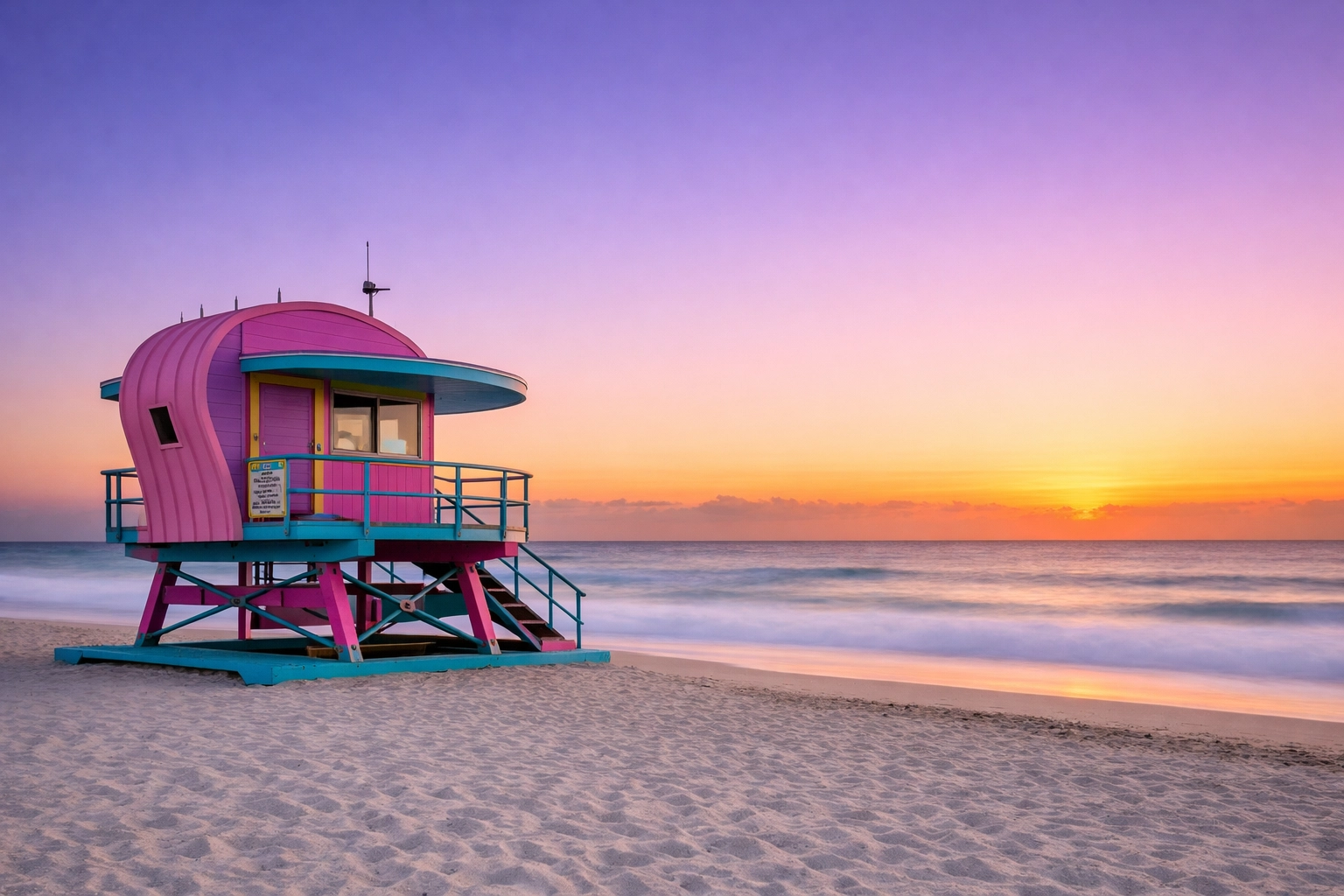 Art Deco lifeguard stand at sunrise on South Beach, a top spot for fine art photography in Miami.
