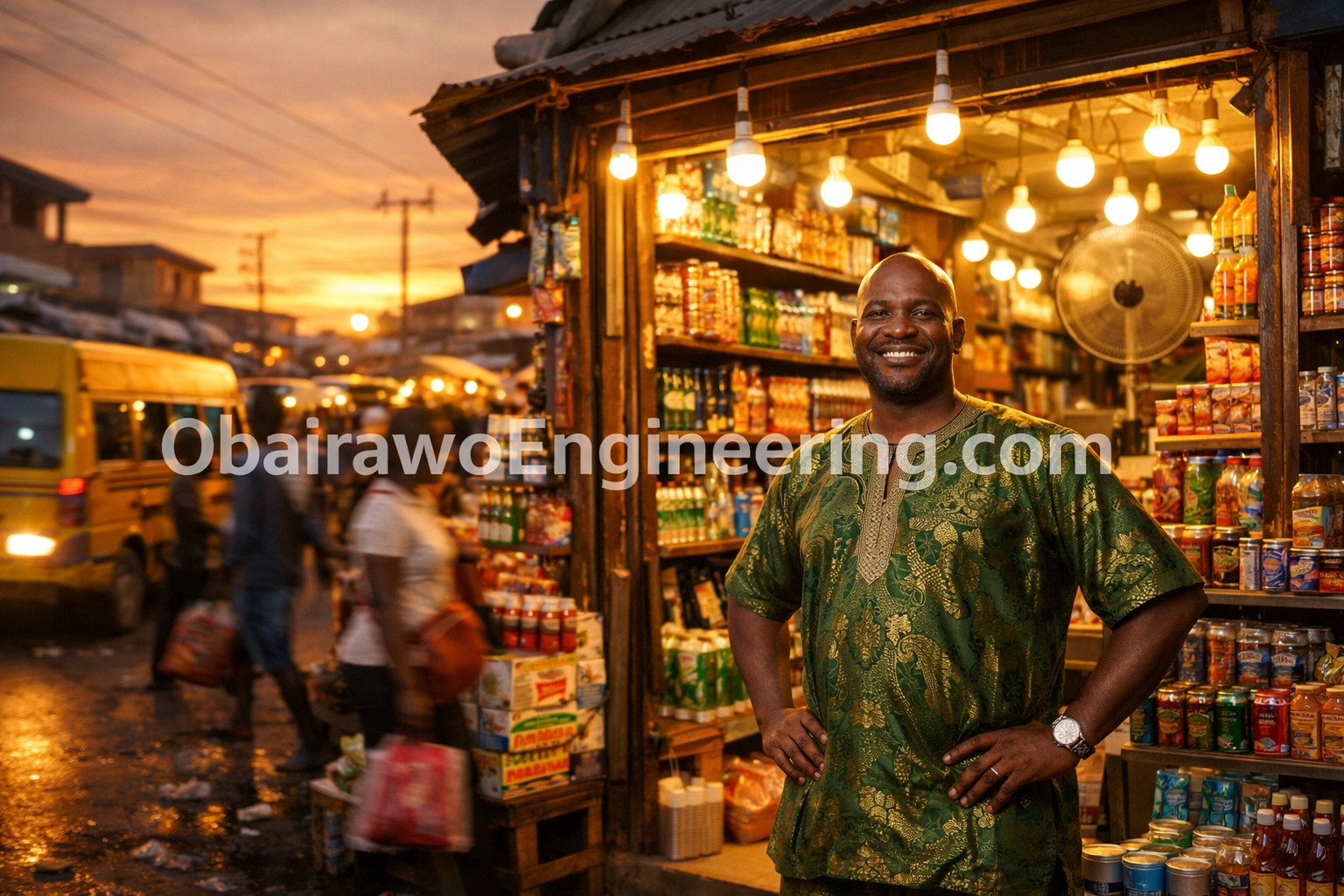 Nigerian shop owner in Iyana-Ipaja with a brightly lit store using a fuelless generator.