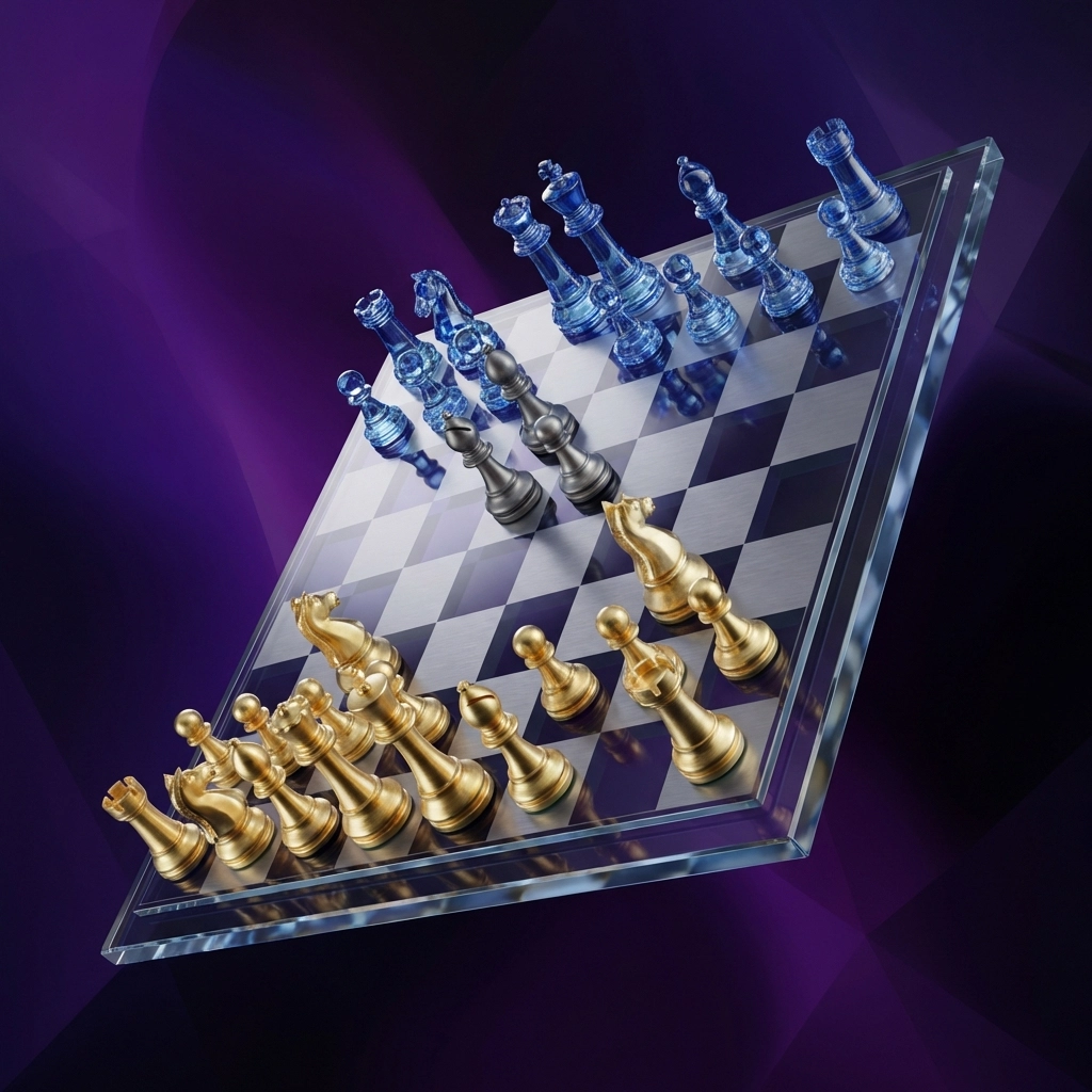 Glass chess board showing strategic thinking and risk management in hedge fund allocation for institutions