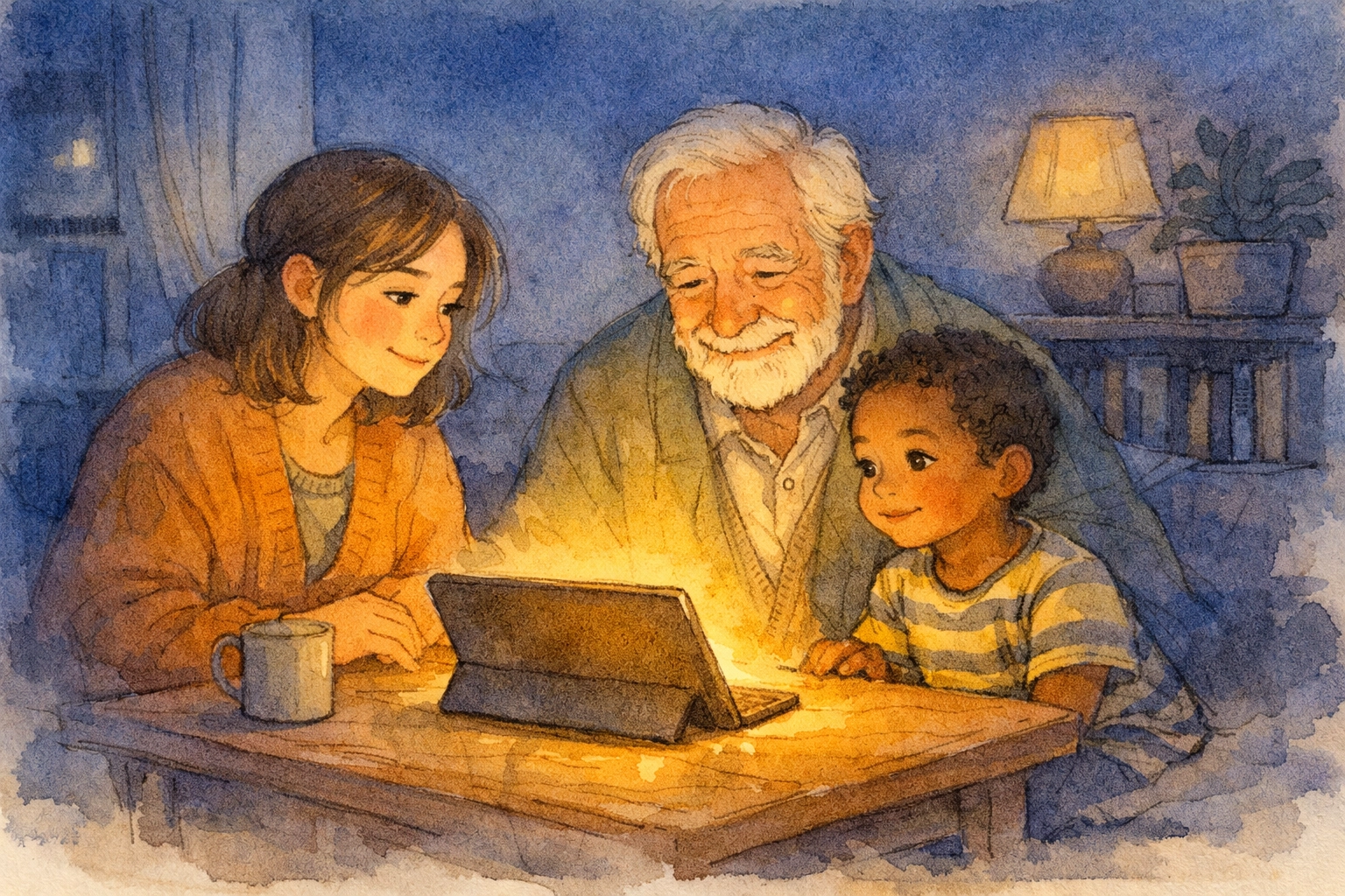 A diverse group gathering around a glowing tablet for a virtual church community service at home.