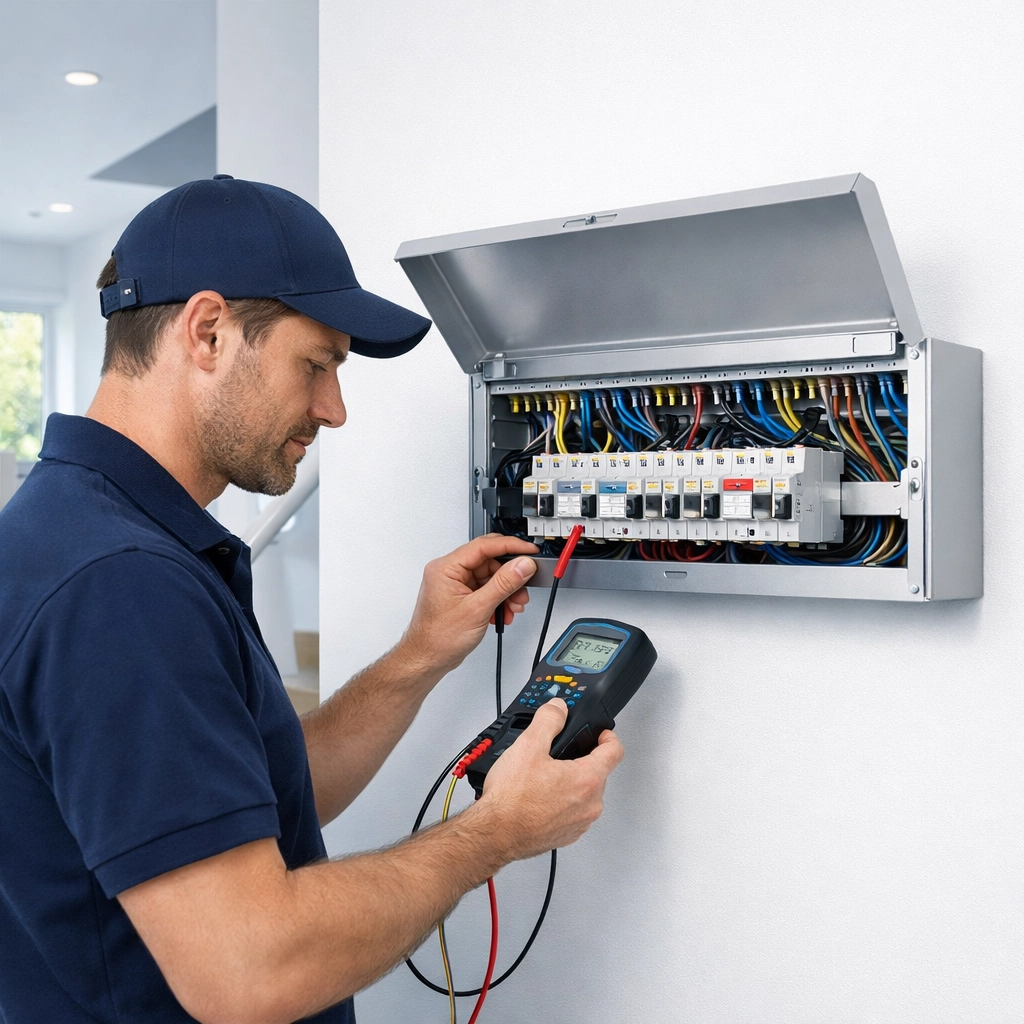 Professional electrician in Dorset testing a modern metal consumer unit during a home safety upgrade.