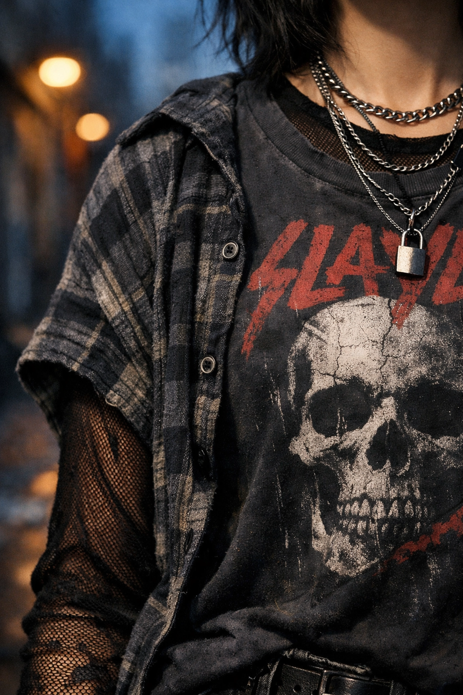 Layered 90s grunge fashion featuring a graphic band tee, mesh top, and flannel for a modern look.