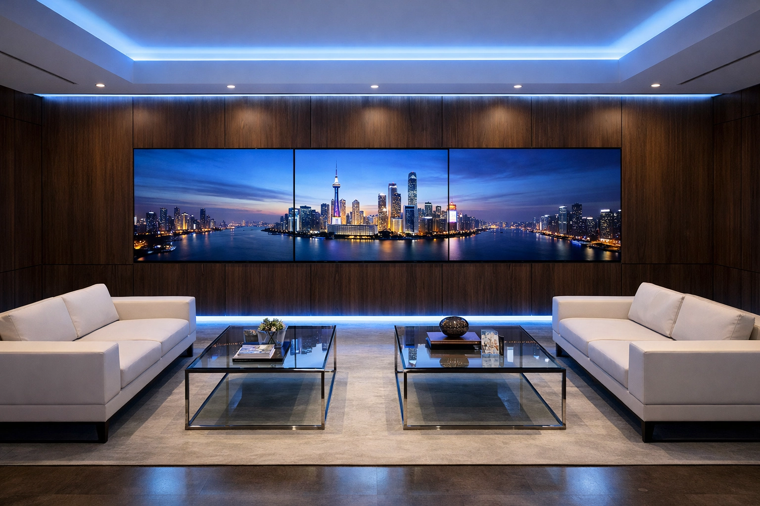 Modern corporate hospitality lounge with high-tech displays for Super Bowl executive events.