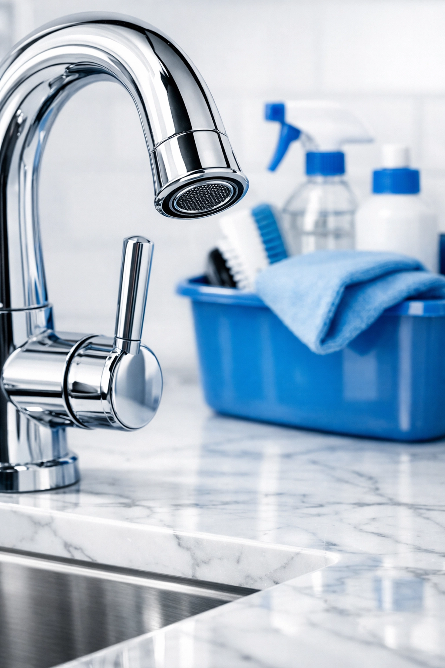 Detailed house cleaning in Oak Bluffs showing a streak-free chrome faucet and marble countertop.