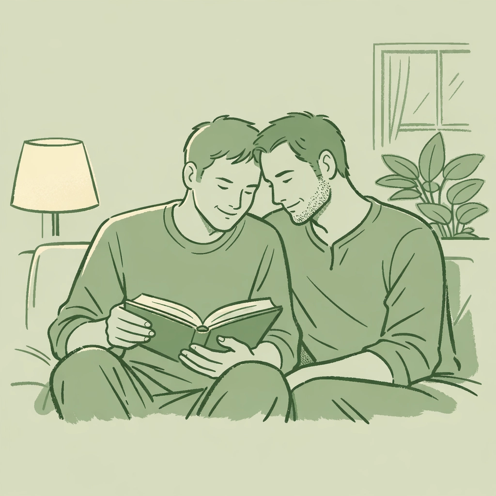 Gay couple reading The Intimacy Gambit together on couch for deeper relationship connection