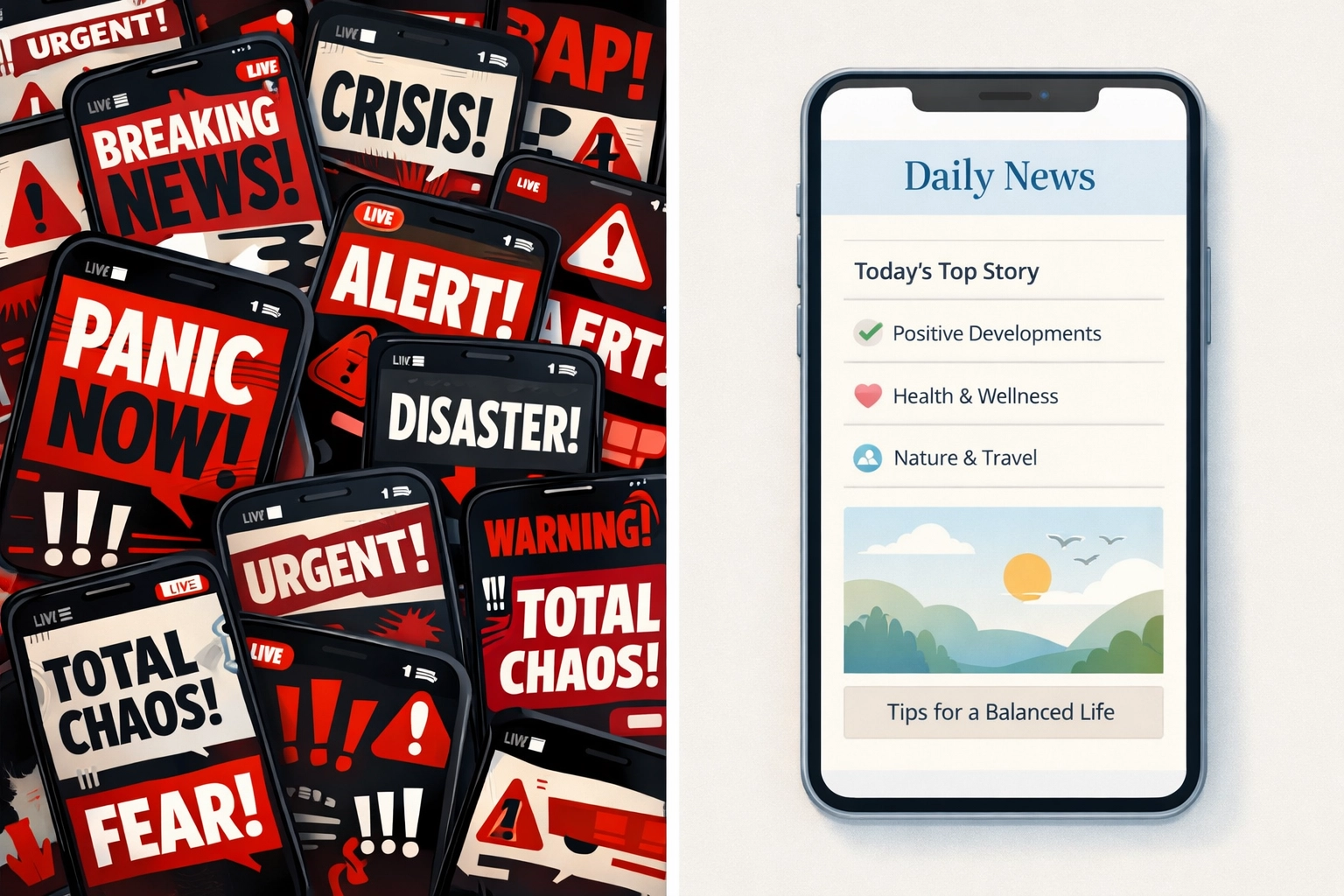 Comparison of chaotic overwhelming news feeds versus calm organized Christ-centered news alternative