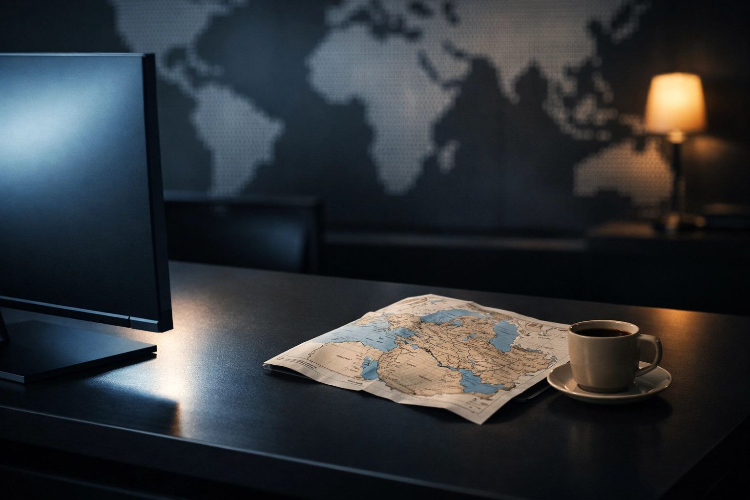 Minimalist newsroom desk with a Middle East map and monitor glow, reporting on the Feb 28 escalation.