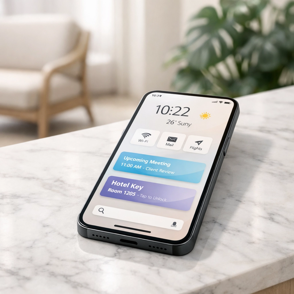 Fast mobile booking engine interface on a smartphone in a modern hotel lobby.