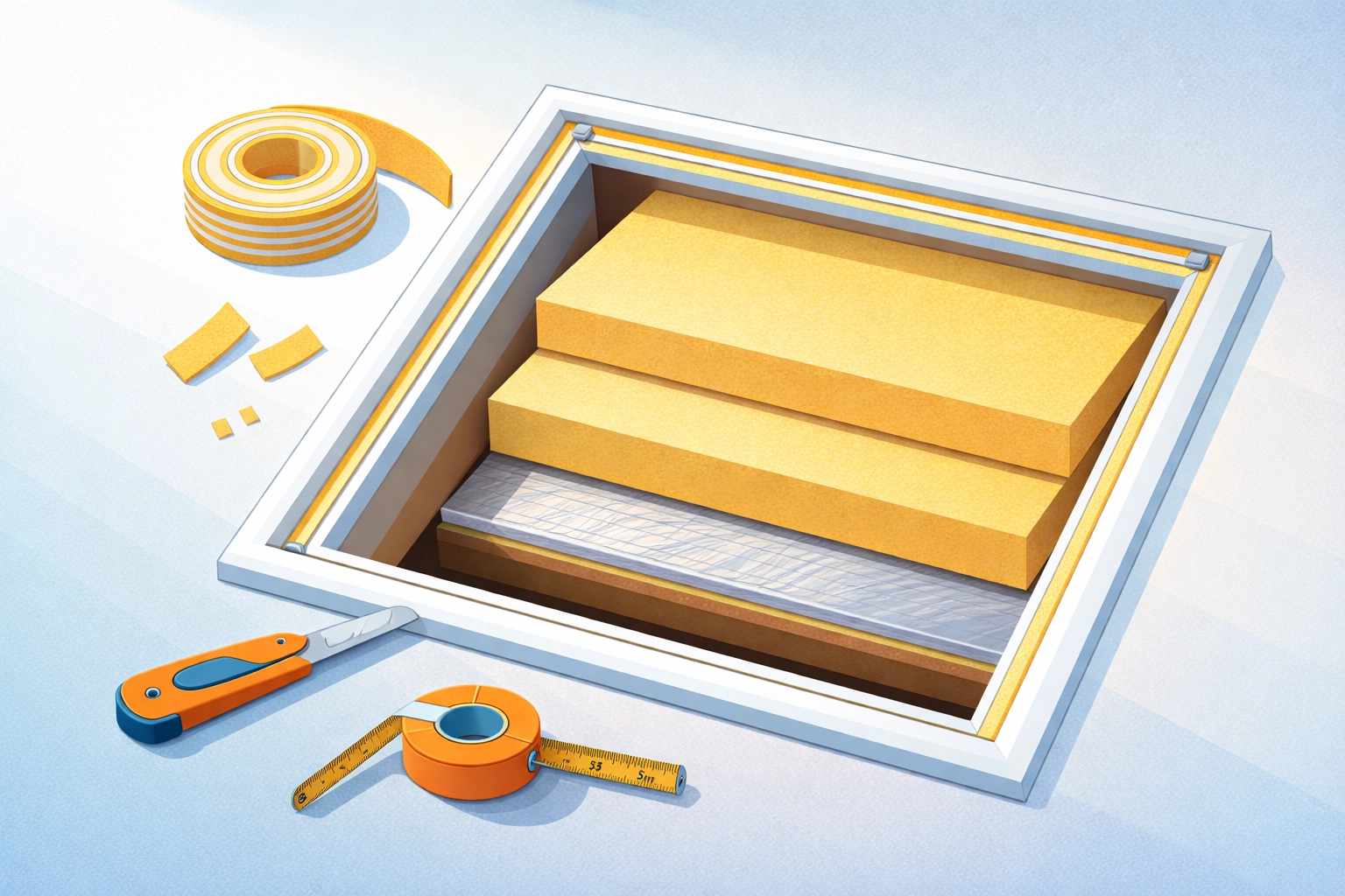 DIY installation showing insulation board and draught-proofing strips on a loft hatch