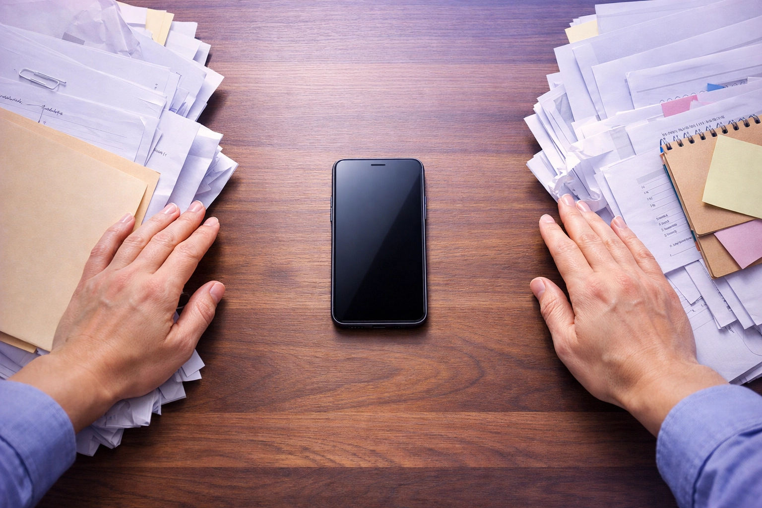 Person pushing away messy paperwork for a smartphone to get an instant payday loan in Canada.