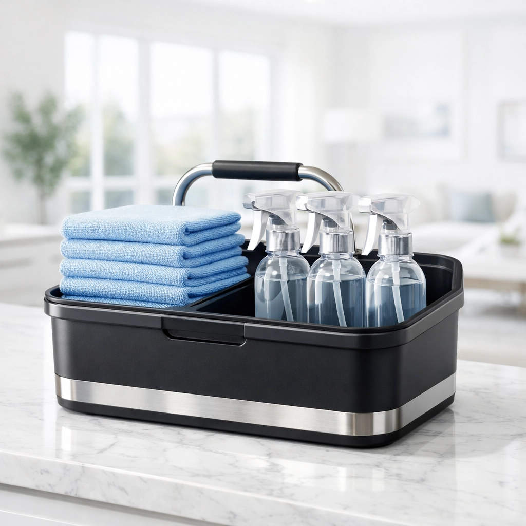 Professional cleaning tools on a kitchen island, showcasing the best easy clean service in Quincy IL.