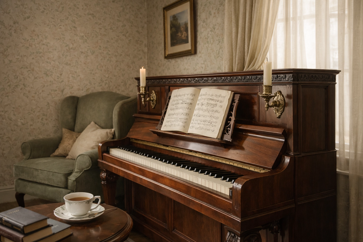 Antique heirloom upright piano in a British drawing room needing proper insurance valuation