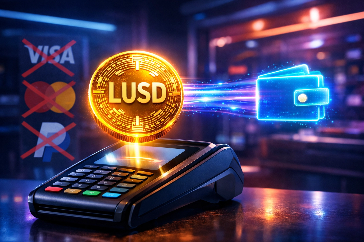 LUSD stablecoin flowing directly to merchant wallet bypassing traditional payment processors