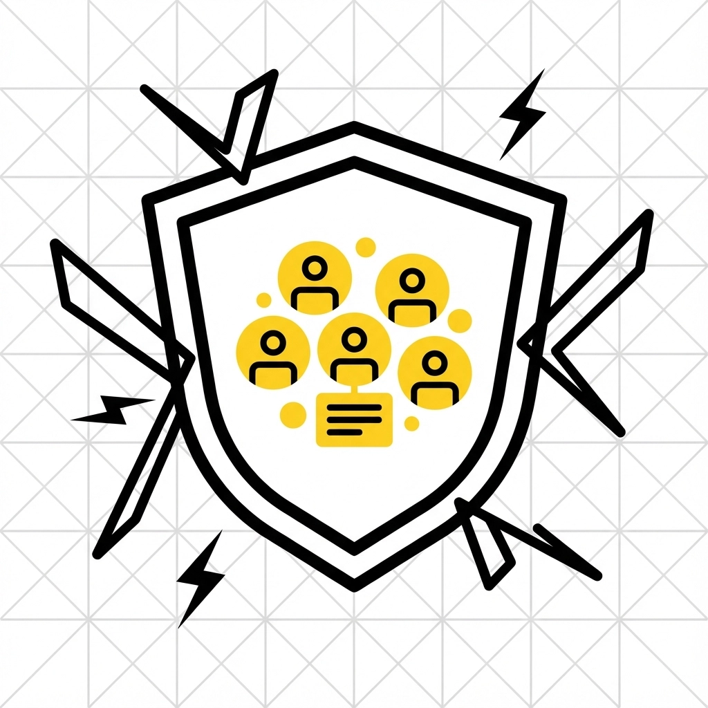 Shield with yellow user icons inside, surrounded by abstract black arrows and lightning, against a geometric grid background.