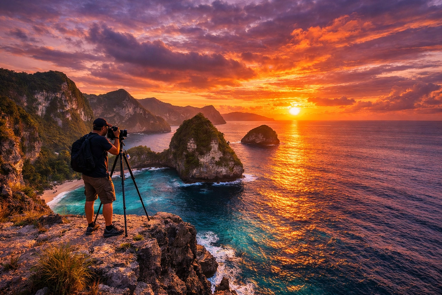 A freelance landscape photographer capturing a stunning ocean sunset from a cliffside with a professional camera tripod.