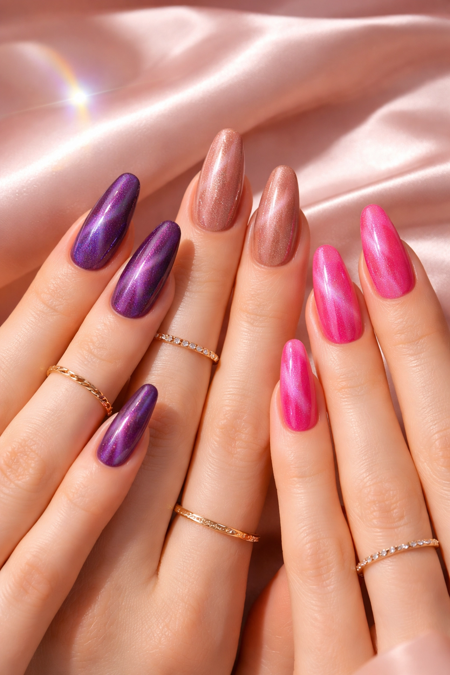 Three hands with cat-eye Japanese gel nails in amethyst, rose gold, and hot pink, showcasing Boston's nail art trends.