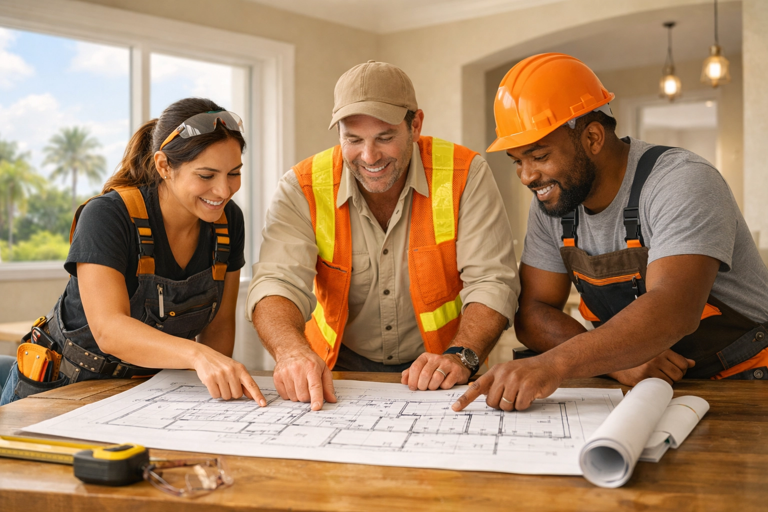 South Florida construction team collaborating on blueprints for a high-end design build renovation project.