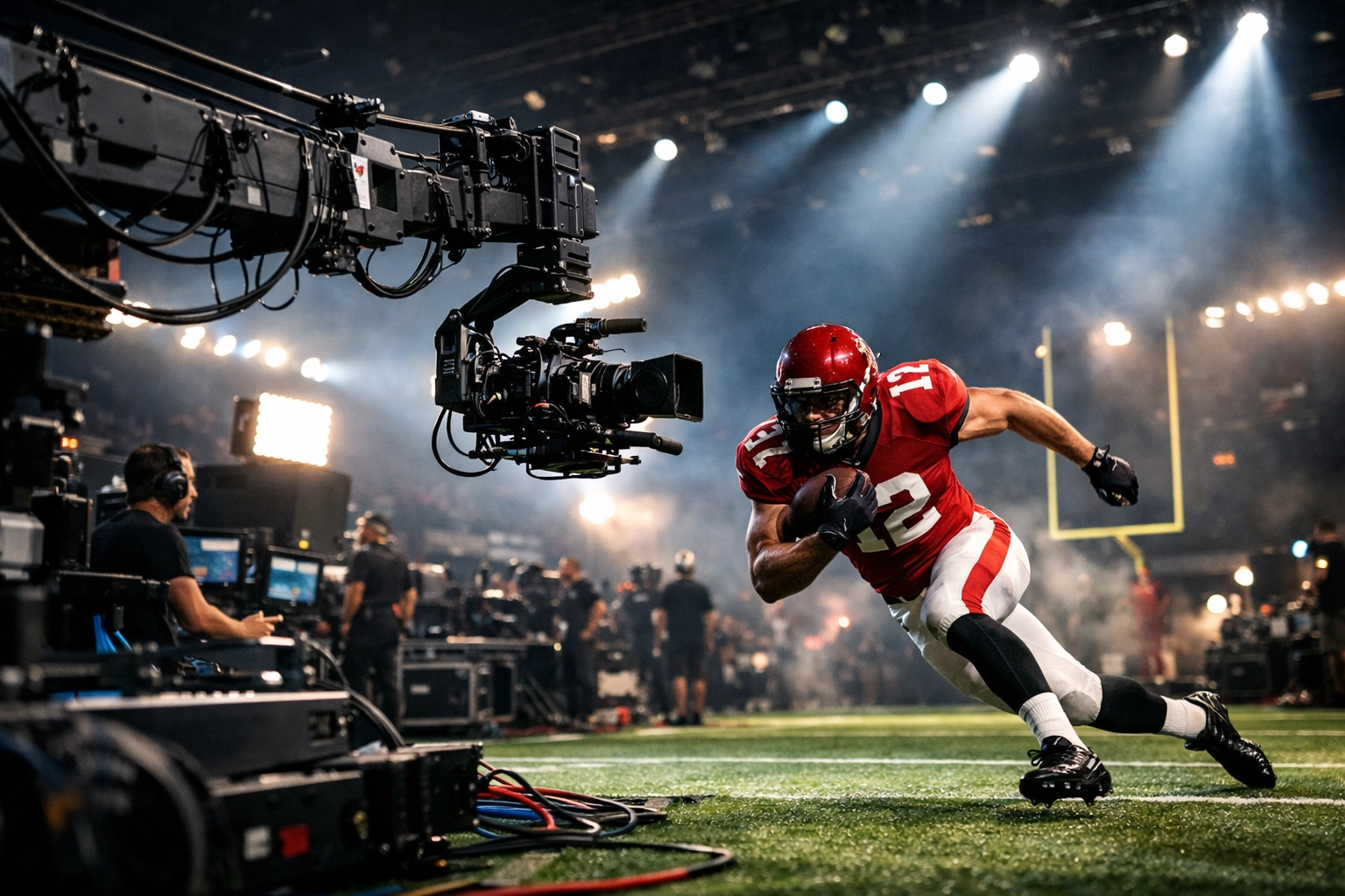 High-budget Super Bowl commercial production set showing the massive scale of sports branding investments.