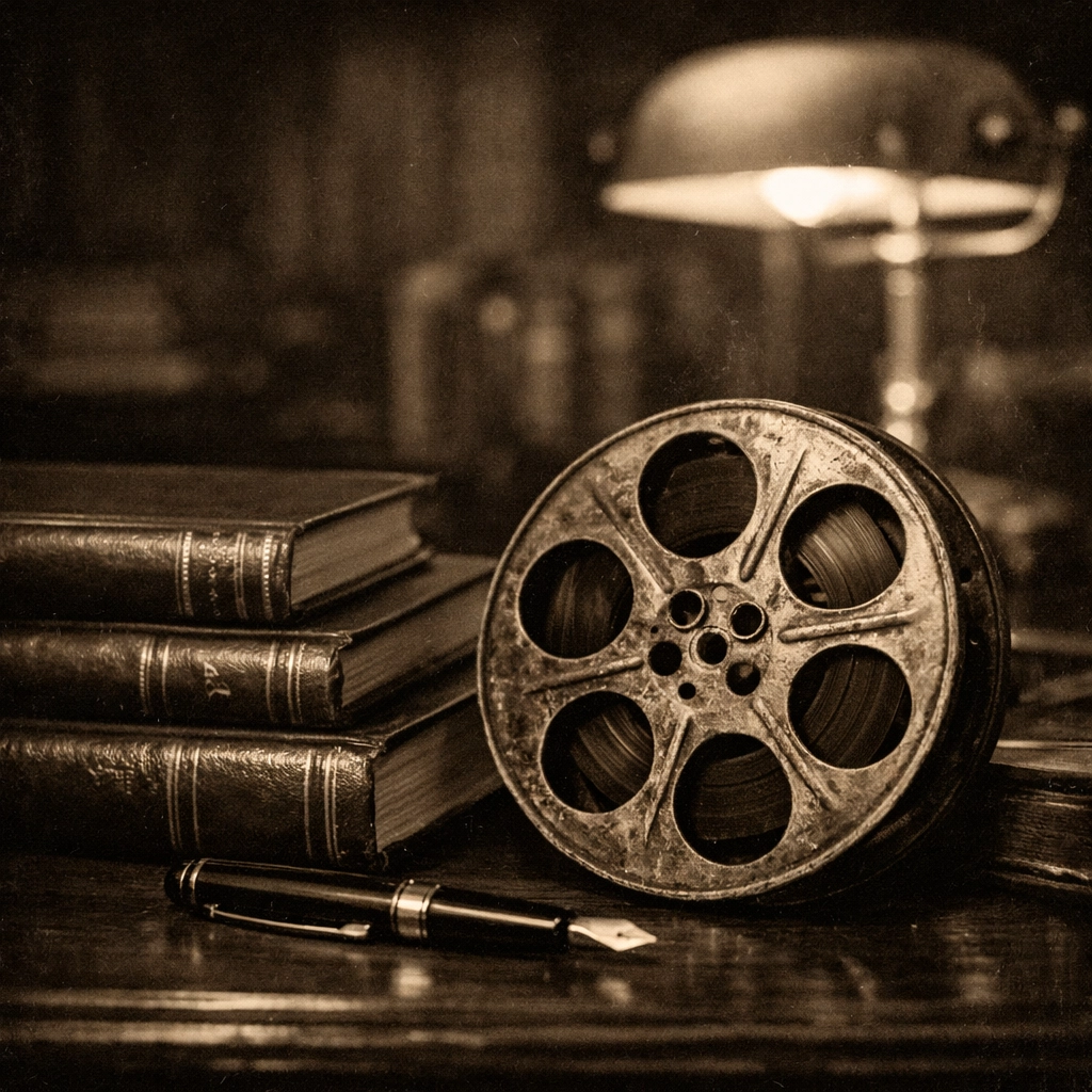 Film reel leaning against financial ledgers on a desk, representing disciplined film investment and business models.