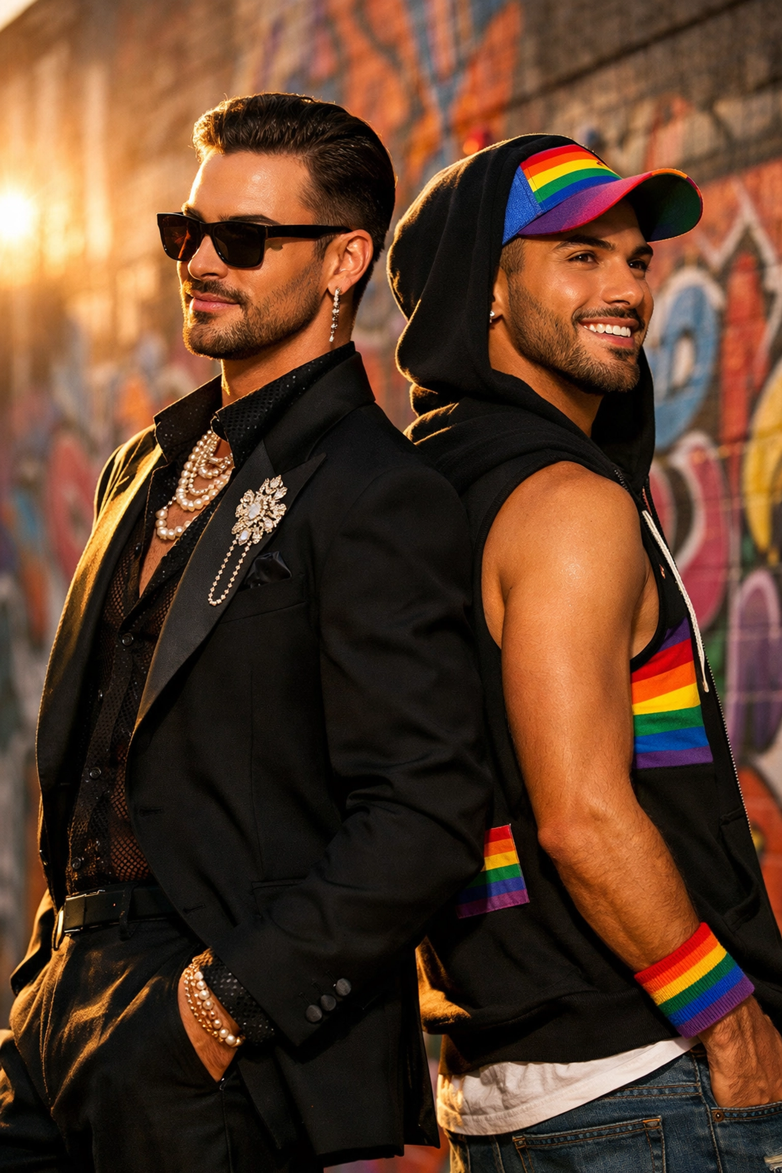 Two gay men showcasing diverse LGBTQ+ fashion styles from designer to accessible streetwear