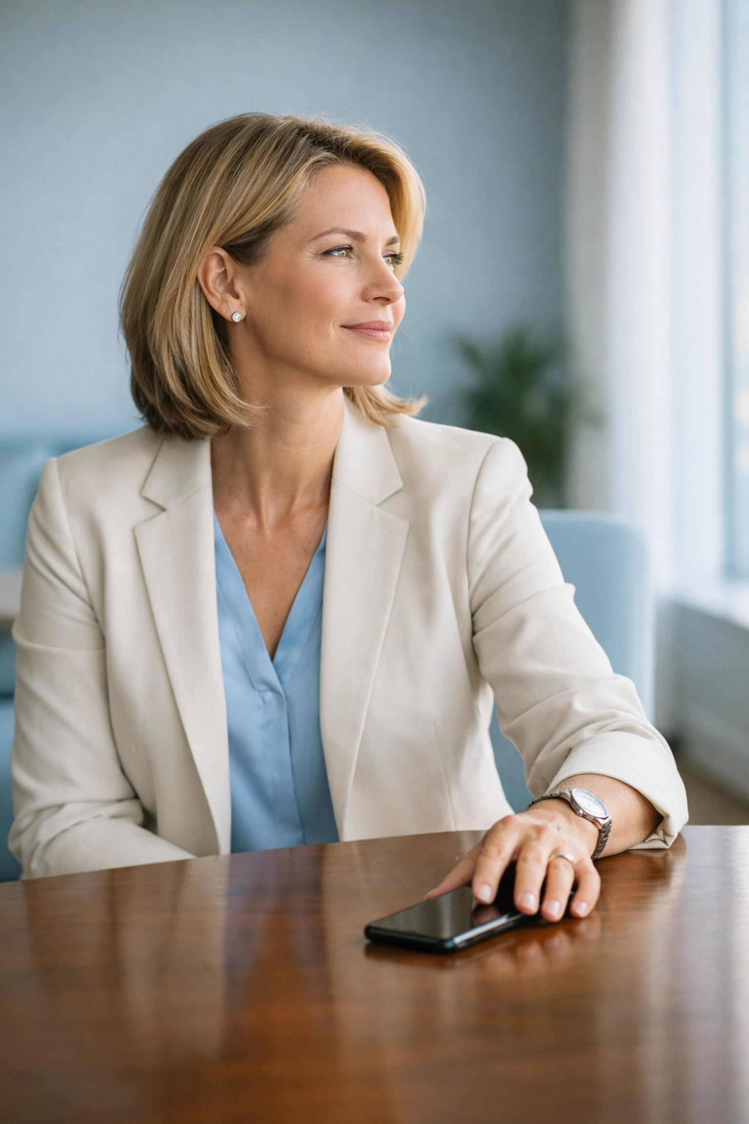 A healthcare leader practicing burnout prevention by disconnecting from her phone in a calm, professional office setting.