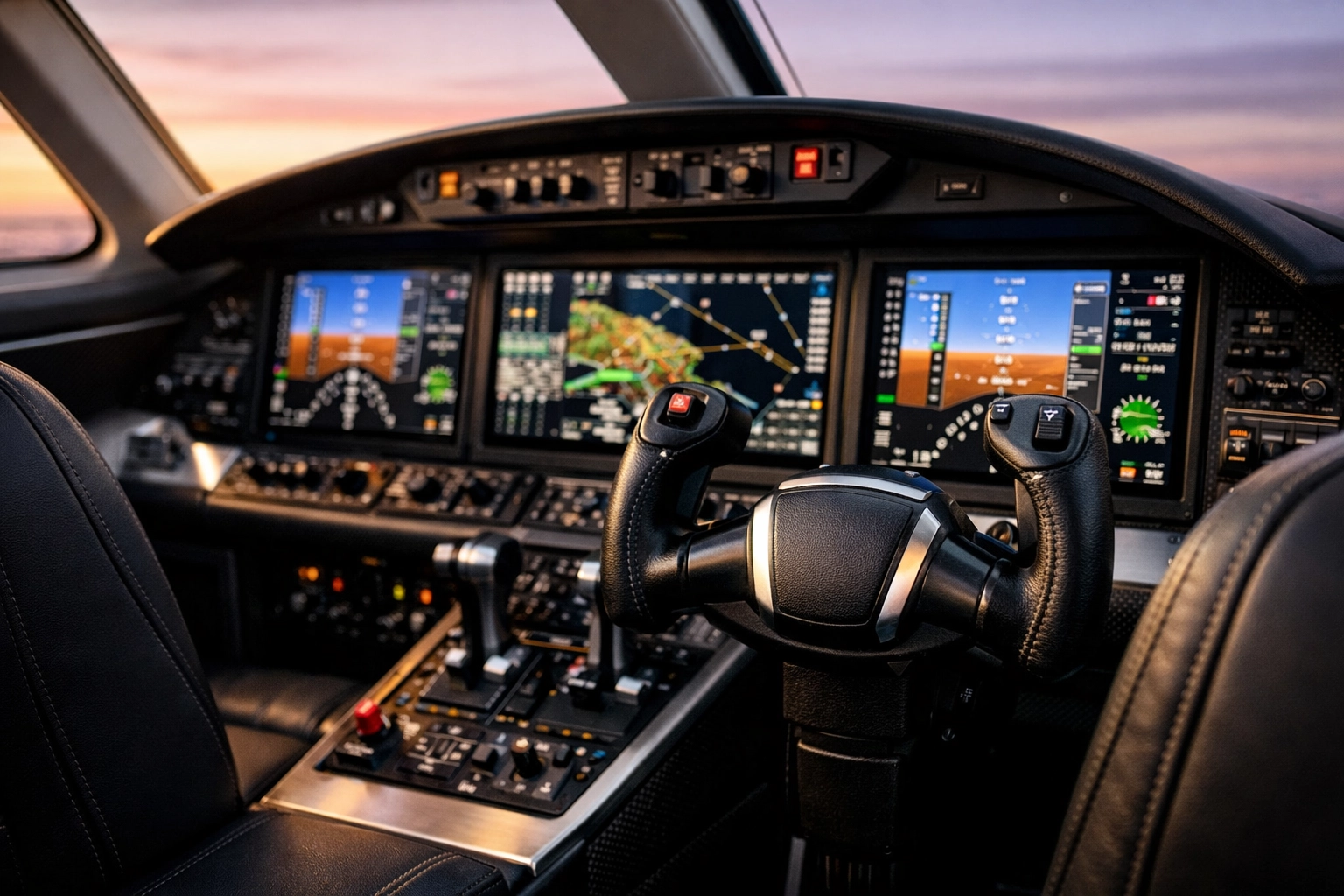 Advanced private jet cockpit avionics representing technical aviation risk management for HNW owners.