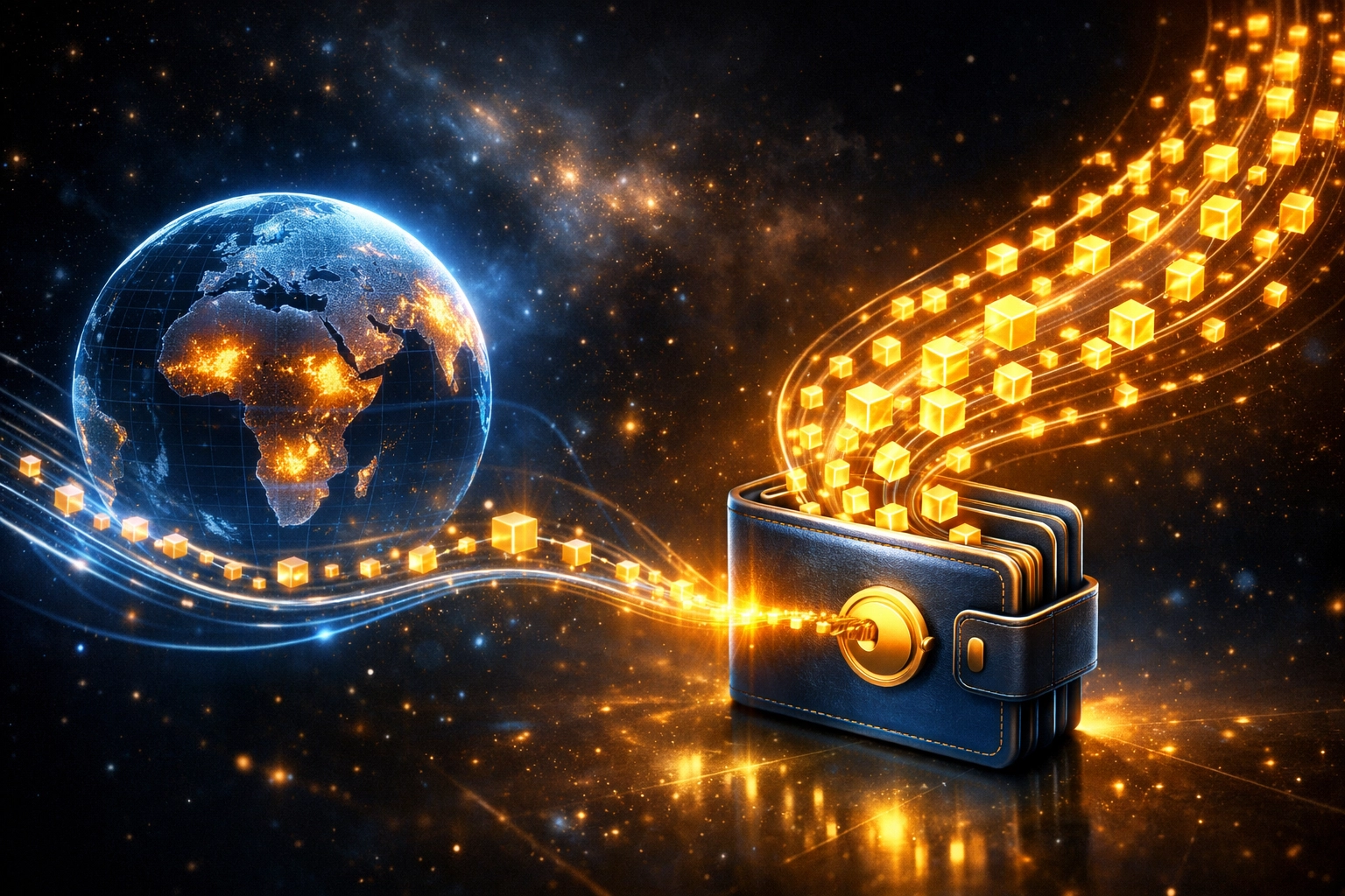 Blockchain network visualizing Larecoin's 1.5% social impact allocation flowing to global hunger relief