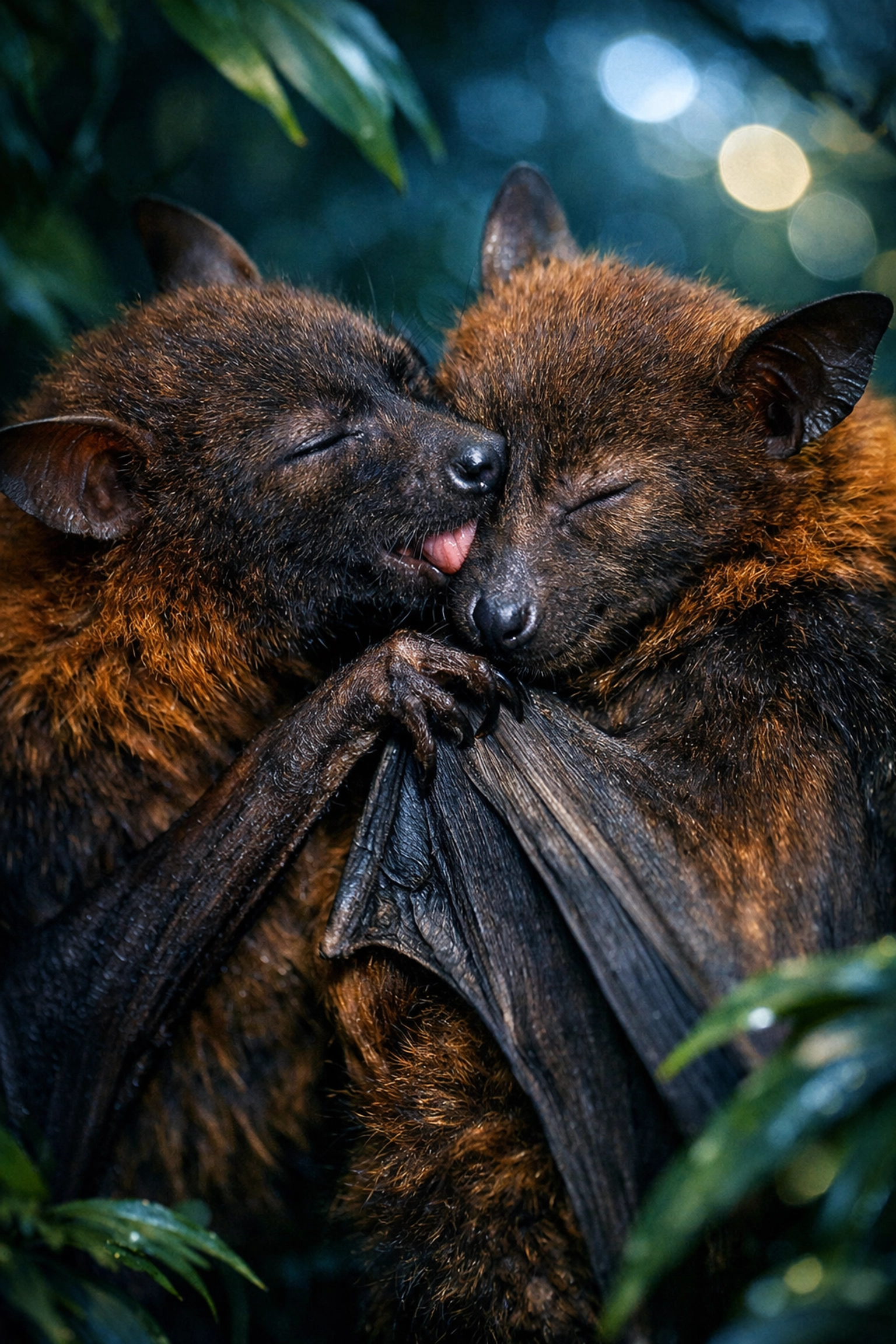 Two male bats grooming each other in a moonlit forest, illustrating social bonding and natural queer behavior.