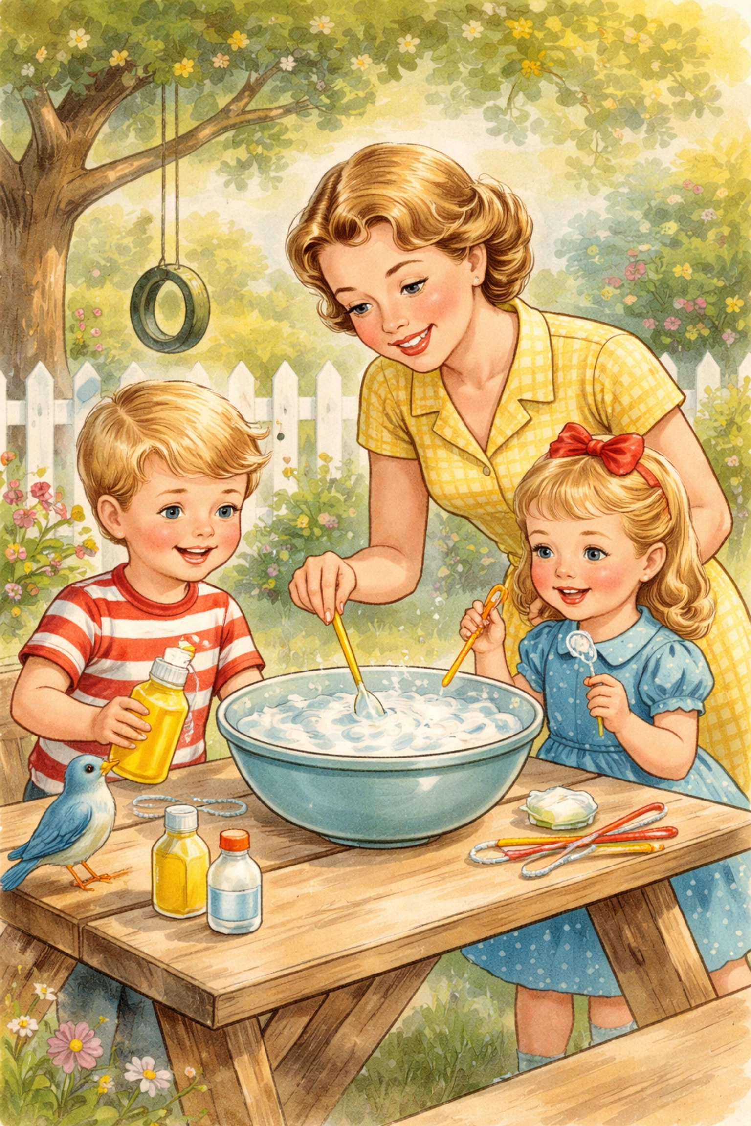 Mother and children mix homemade bubble solution outdoors for giant bubbles in a sunny backyard.