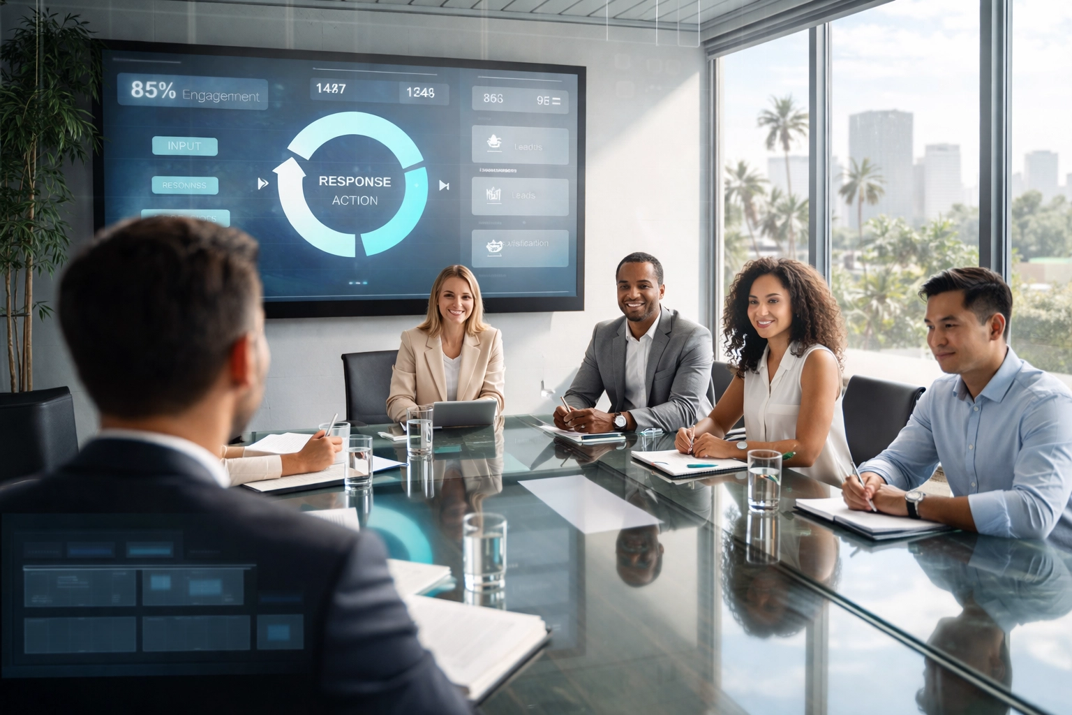 Executive boardroom meeting in Los Angeles with feedback loop diagram on display, showing leadership fostering trust, openness, and effective team engagement.