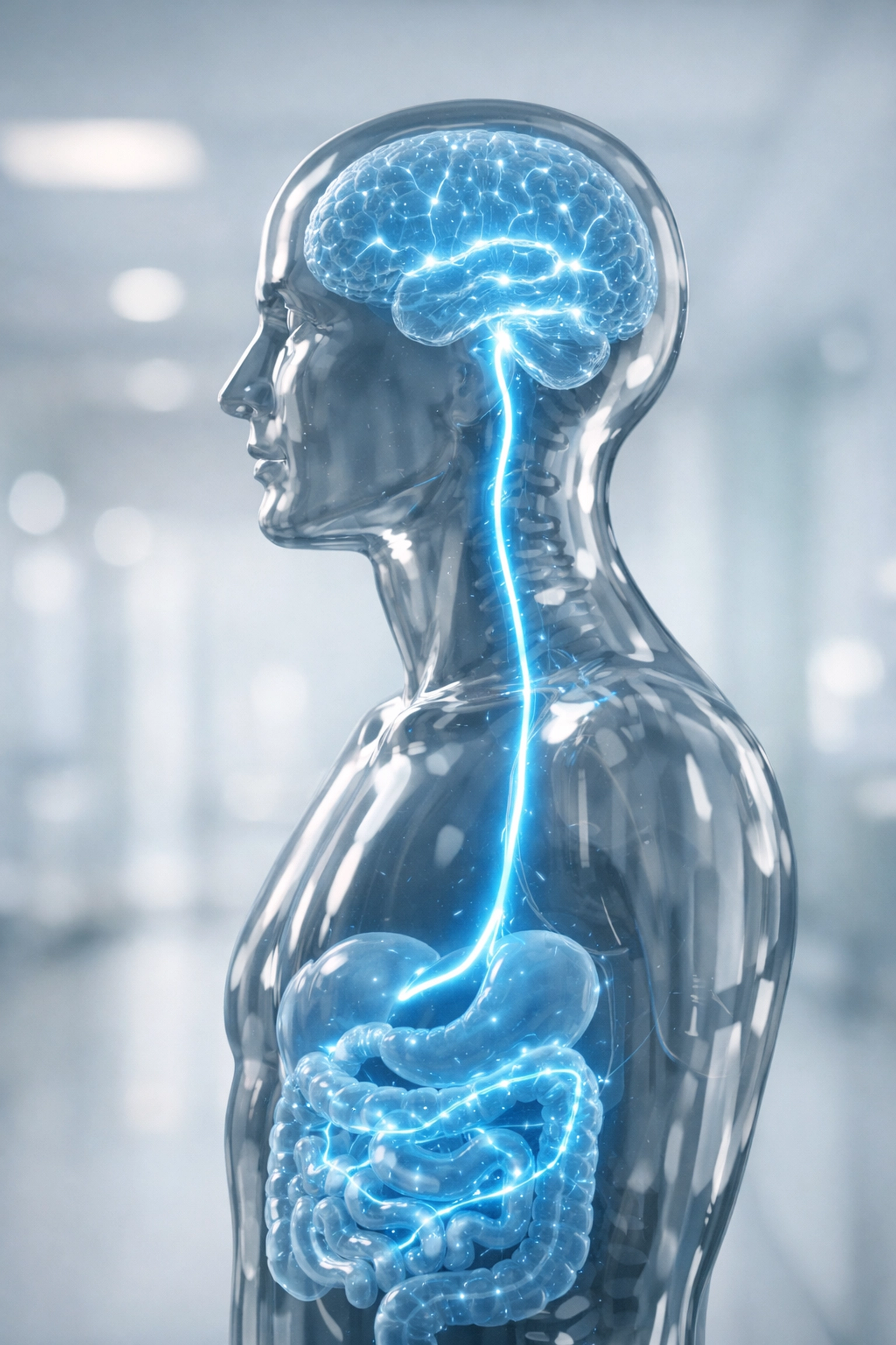 Visualizing the gut-brain axis and vagus nerve connection for trauma recovery and mental health.