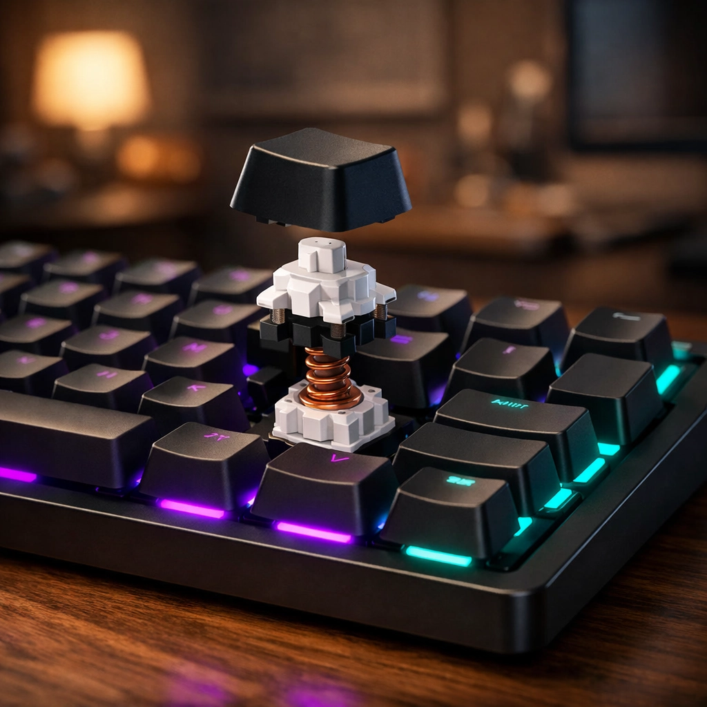 A mechanical keyboard with customizable RGB lighting and visible tactile switches on a wooden desk.