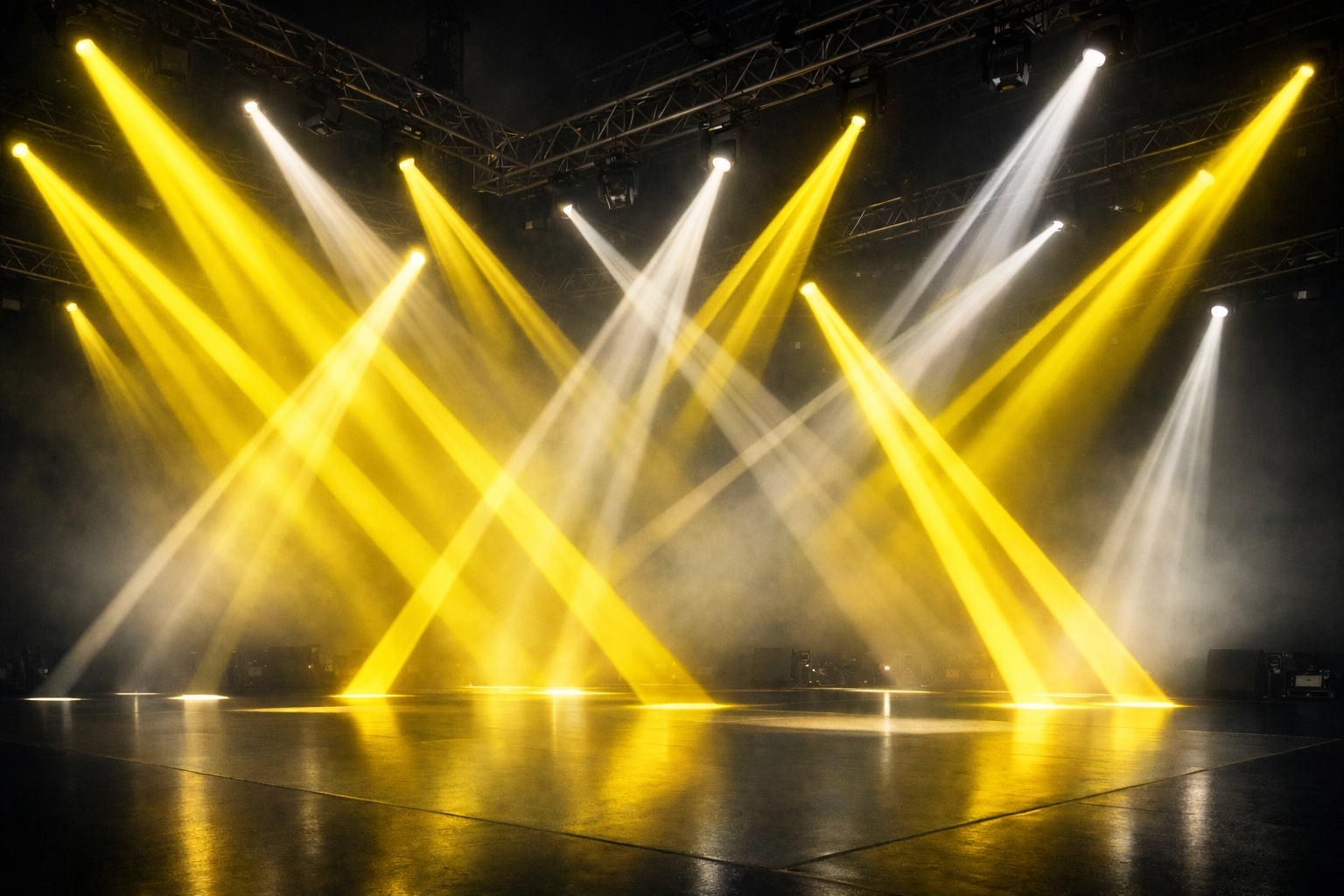 Professional worship stage using atmospheric haze to reveal vibrant light beams and depth.