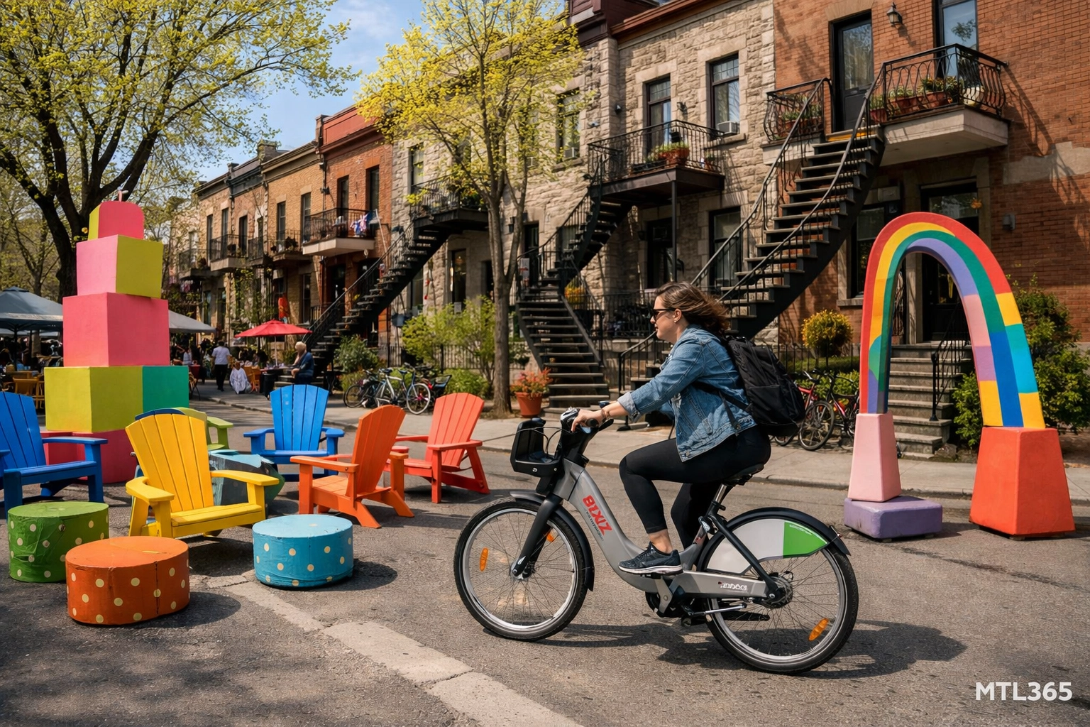 Cyclist on a BIXI bike riding through a vibrant pedestrian street in Montreal's Plateau neighborhood.