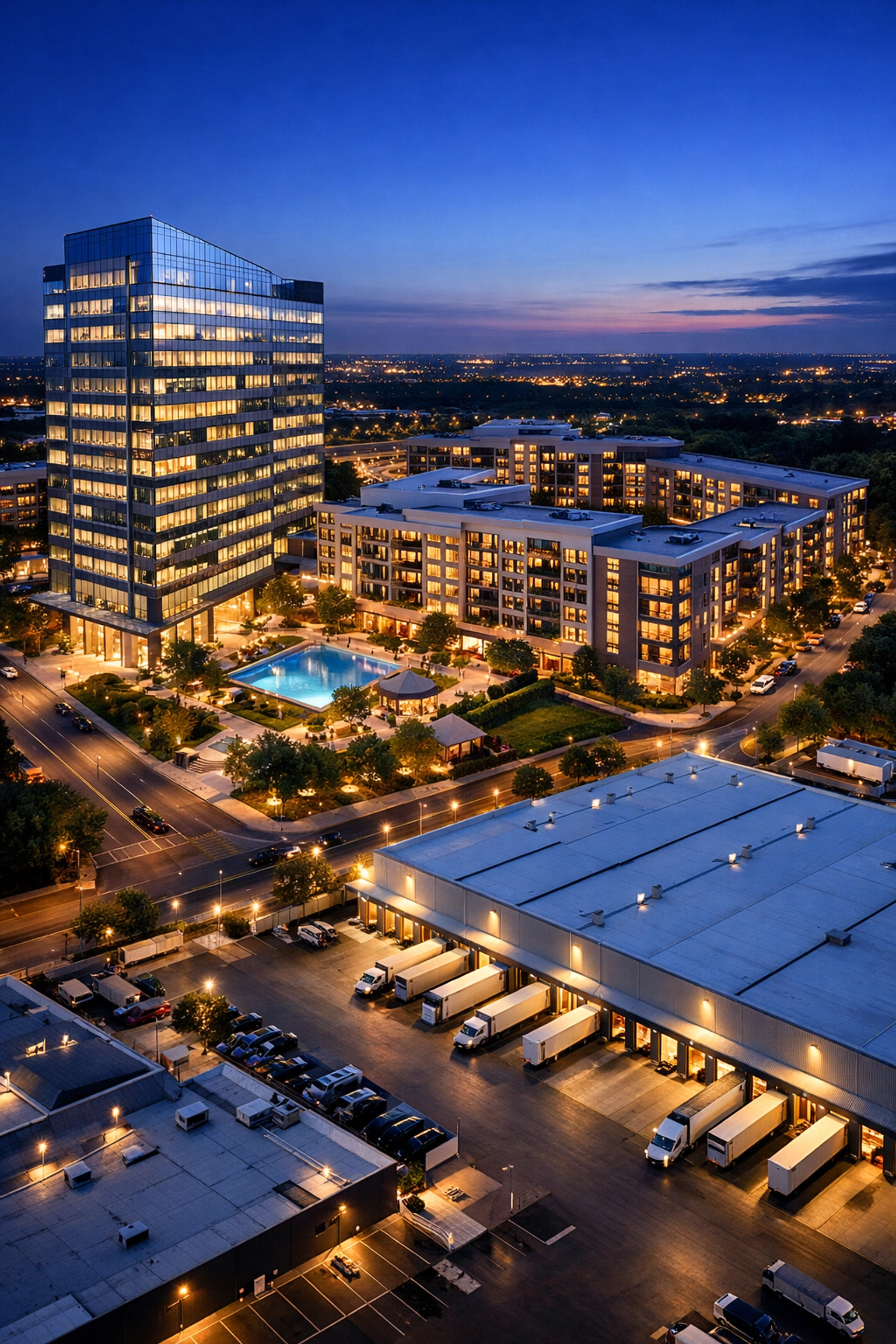 Aerial view of diverse real estate portfolio including commercial and residential properties