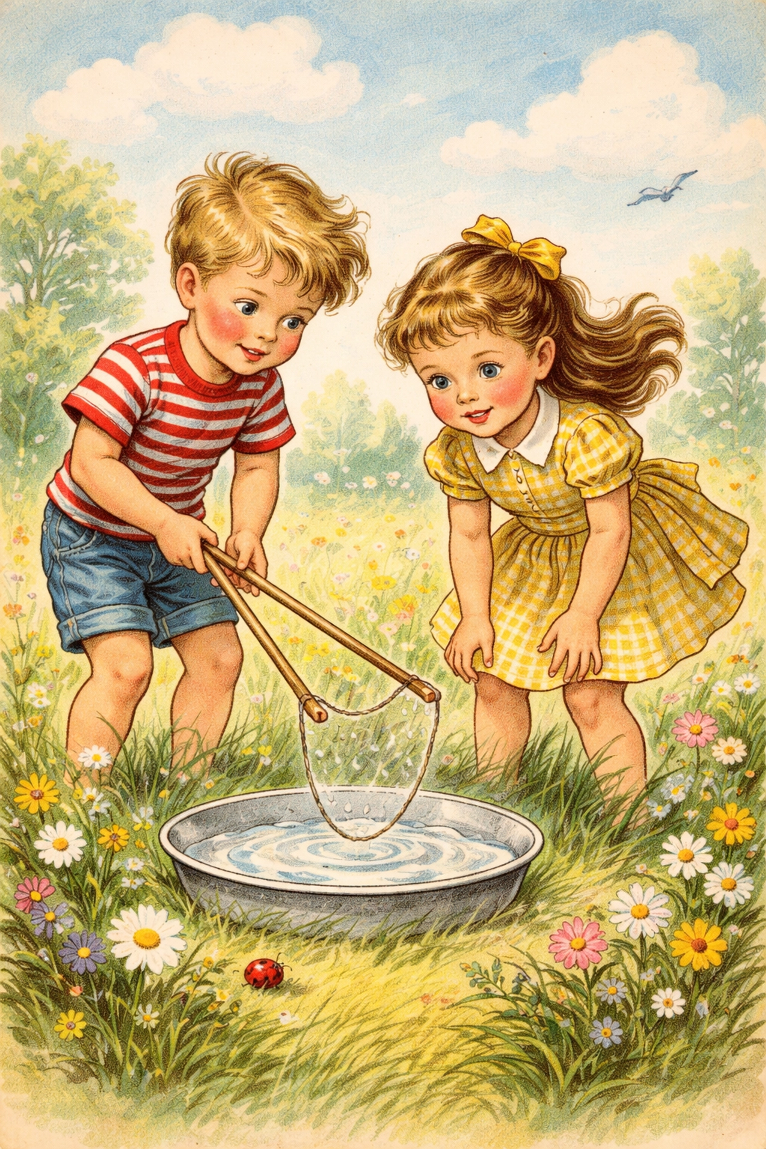 Children dip a handmade bubble wand into a pan of solution, ready to make giant bubbles outside.